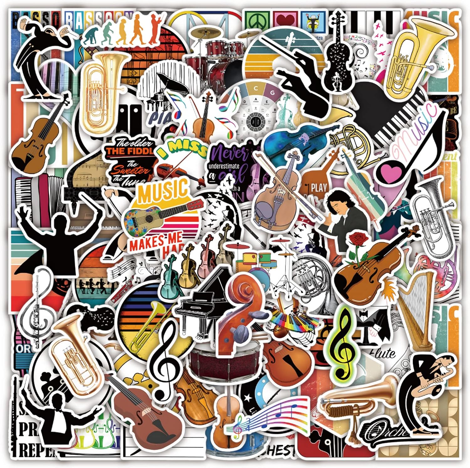 100Pcs Orchestral Stickers Pack,Vinyl Instruments Stickers for Teens,Classical Music Aesthetic Sticker Waterproof for Water Bottles,Laptop,Hydroflask,Guitar,Violin