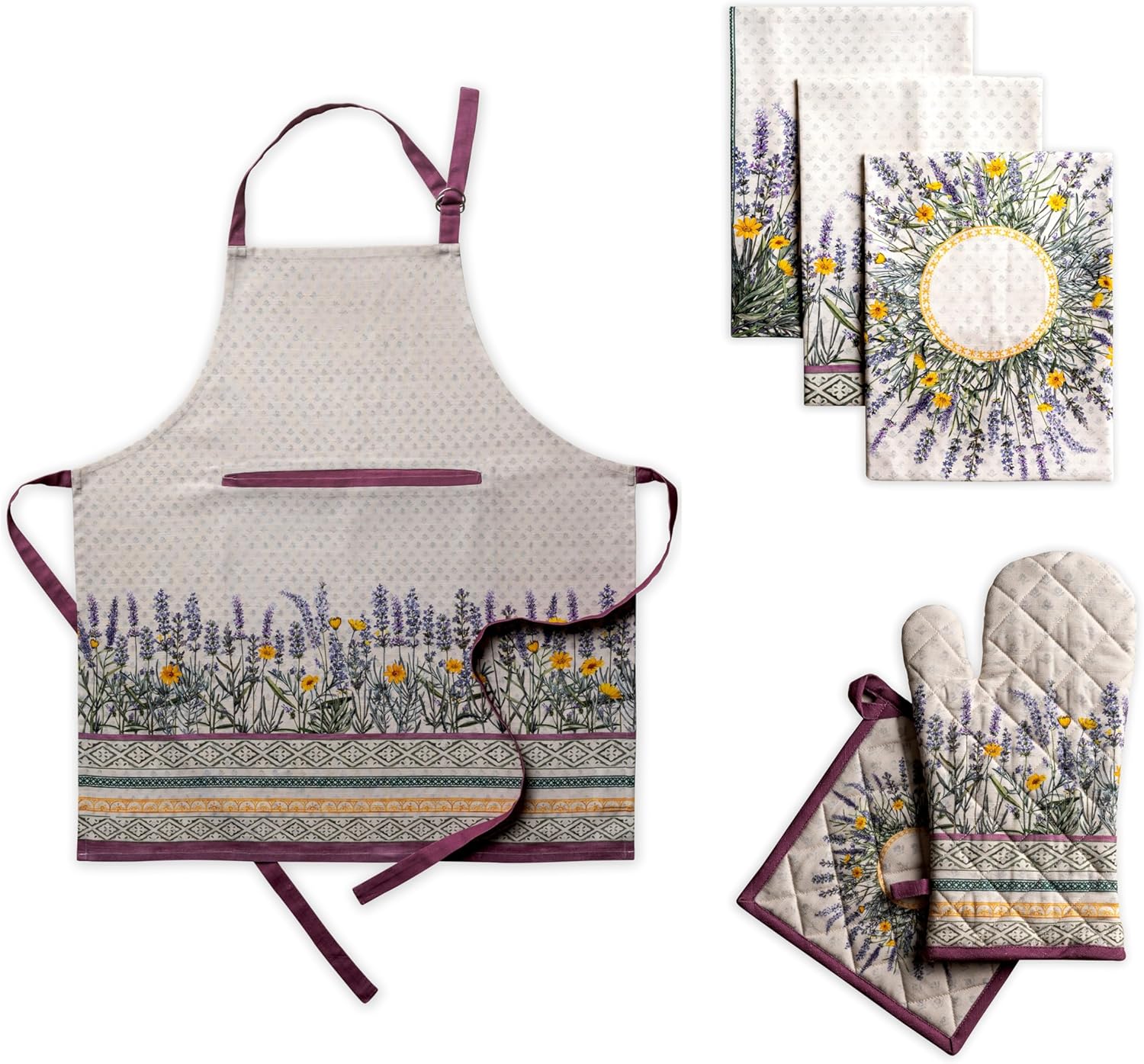 Maison d' Hermine Fanny Lavender Bundle Set 100% Cotton Apron (27.50" by 31.50"), Set of 3 Kitchen Towels (20" by 27.5") and Oven Mitt (7.5 Inch by 13 Inch)/Pot Holder (8 Inch by 8 Inch)
