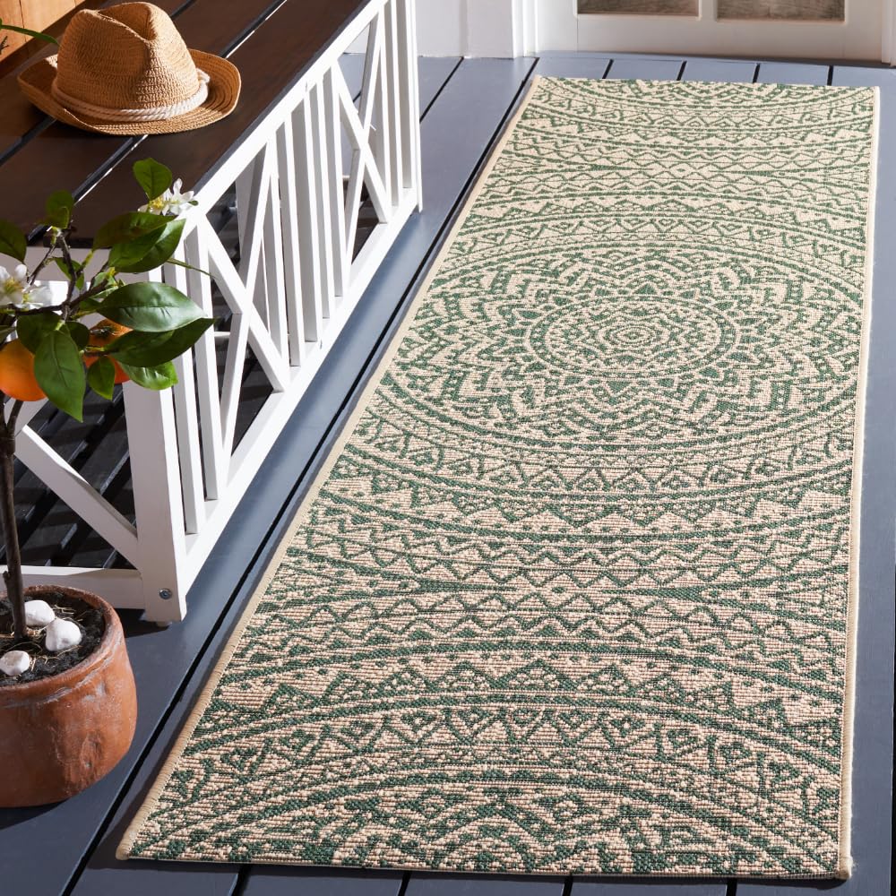 SAFAVIEH Washable Rug Outdoor Courtyard Collection - 2'3" x 8' Runner, Beige & Dark Green, Non-Shedding & Easy Cleaning, Ideal for Patio, Entryway,