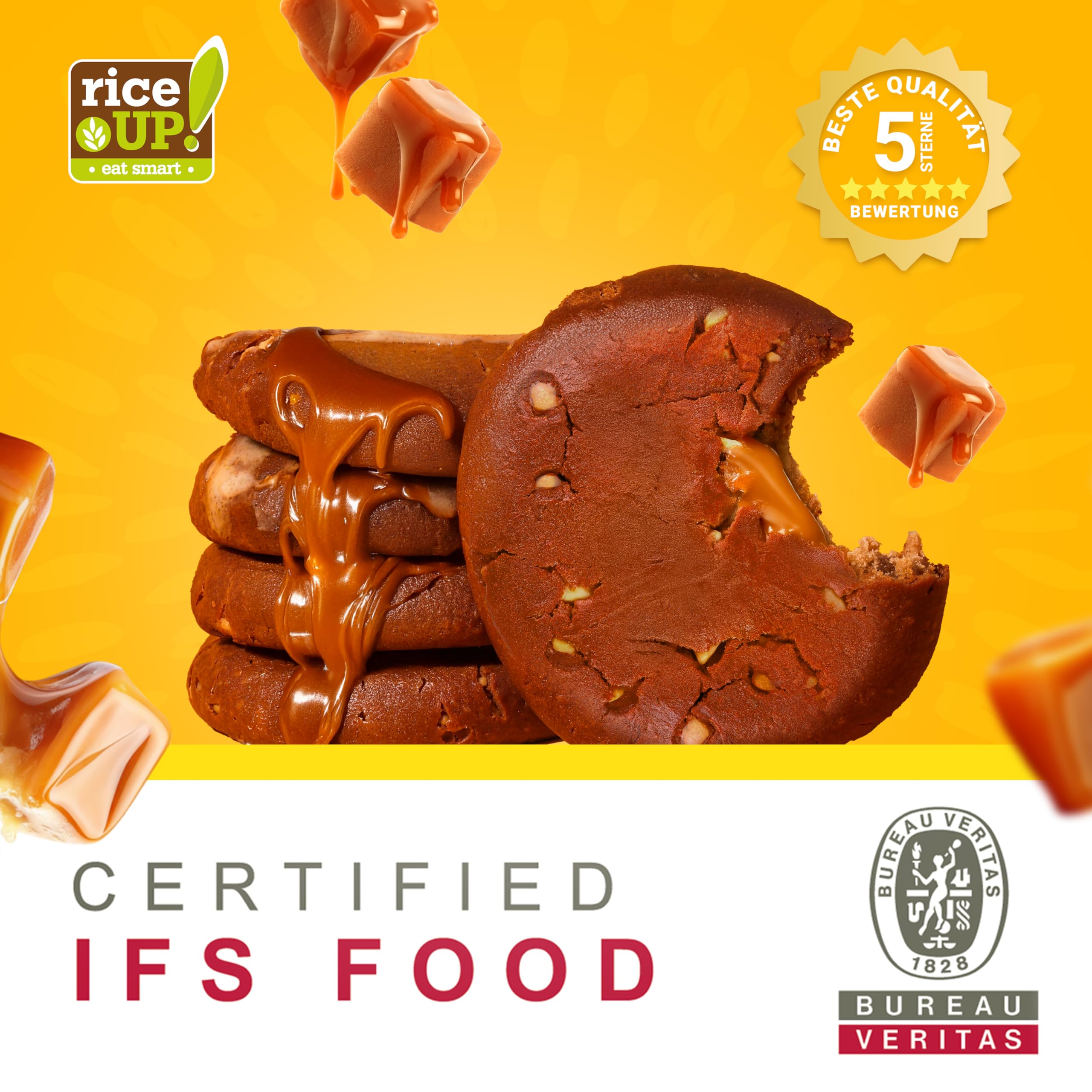RiceUP! Eat Smart Weicher Protein Keks mit Kollagen – Toffee-Caramel-Geschmack, 10 x 60g | 8g Kollagen-Peptide (Typ I+III), 18g Protein, ohne Zuckerzusatz | GLUTENFREI (10 x 60g, Toffee)