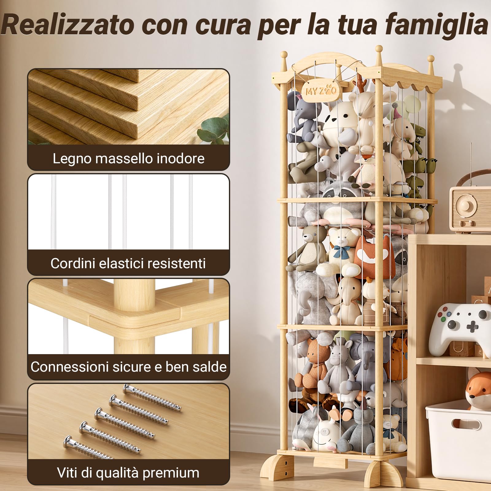 COSYLAND Organizer Peluche per Bambini, Salvaspazio, 141 x 55 x 49 cm | Corde elastiche per prendere e riporre i peluche, struttura verticale salvaspazio