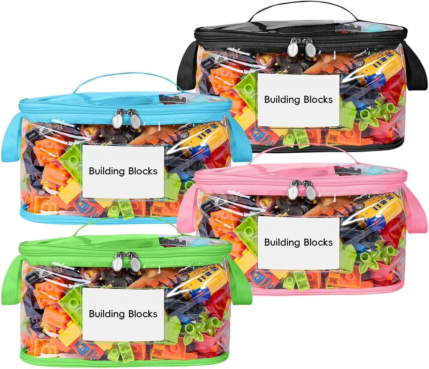 DOOHALO Toy Organizer Storage bags with Zippers for Toys, Board Games, Blocks, Puzzles, Dolls Storage, Large Reusable Clear waterproof with Name Tag Mesh Pouches Multi Color 4 Packs