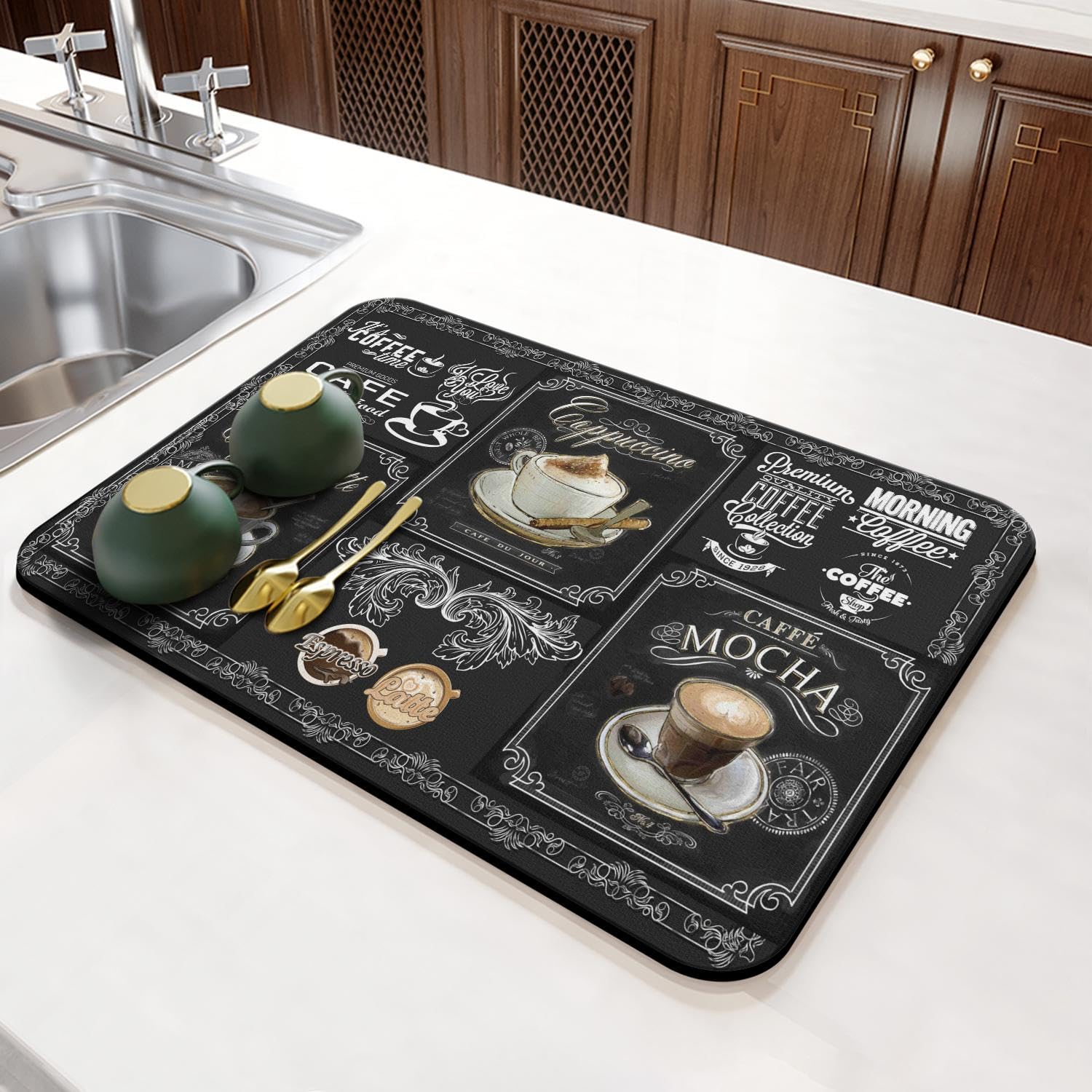 Quick Dry Coffee Maker Mat 15x19 Inch - Absorbent, Non-Slip Kitchen Counter Protector & Dish Drying Mat (Gray)