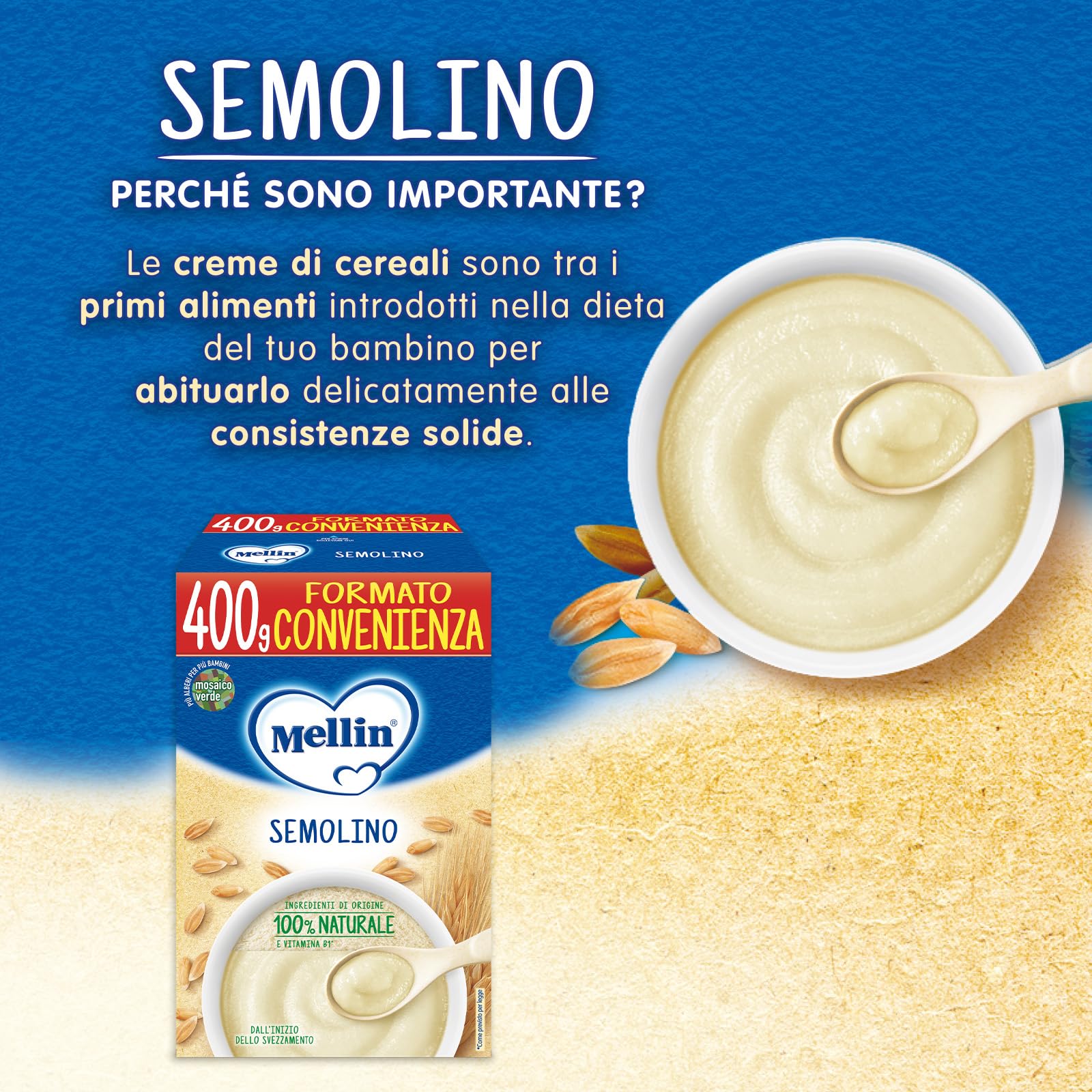 Mellin - Semolino - Alimento con Vitamina B1, per Bambini dal 4° Mese Compiuto - 6 Confezioni da 400gr (Totale 2400gr)