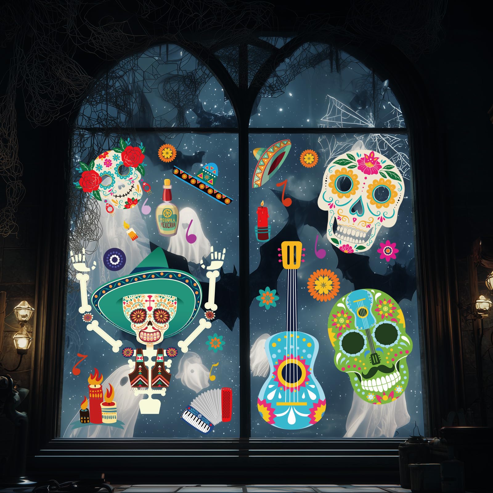 Christmas &amp; Halloween Static Window Clings Set (20x30cm &amp; 35x28cm),8-10 Designs/Pack, Removable Decals for Glass (Halloween Musical Ghoul, Polyvinyl Chloride, Large)