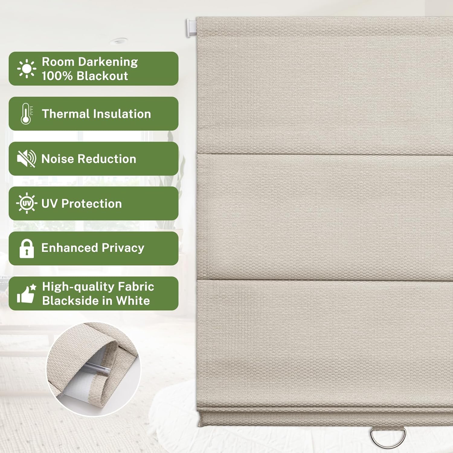 MiLin No Drill Roman Shades for Windows - Cordless Roman Shades Blackout Fabric Blinds Room Darkening Window Blinds for Home Easy to Install (Blackout - Beige, Custom Size)