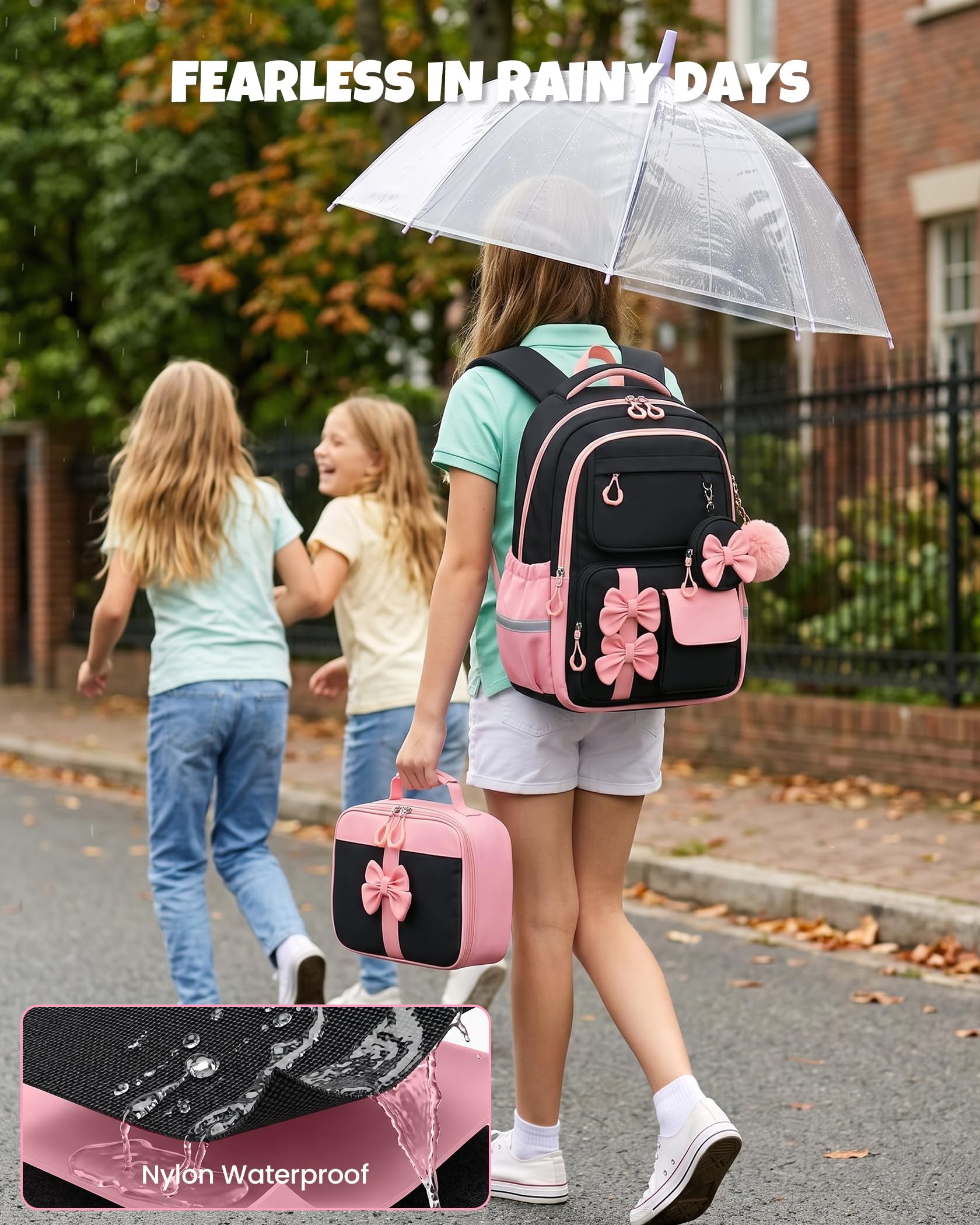 Amythe 3-teilige Schulrucksack Set Mädchen 3.-7. Klasse, 24L Schwarz-Rosa