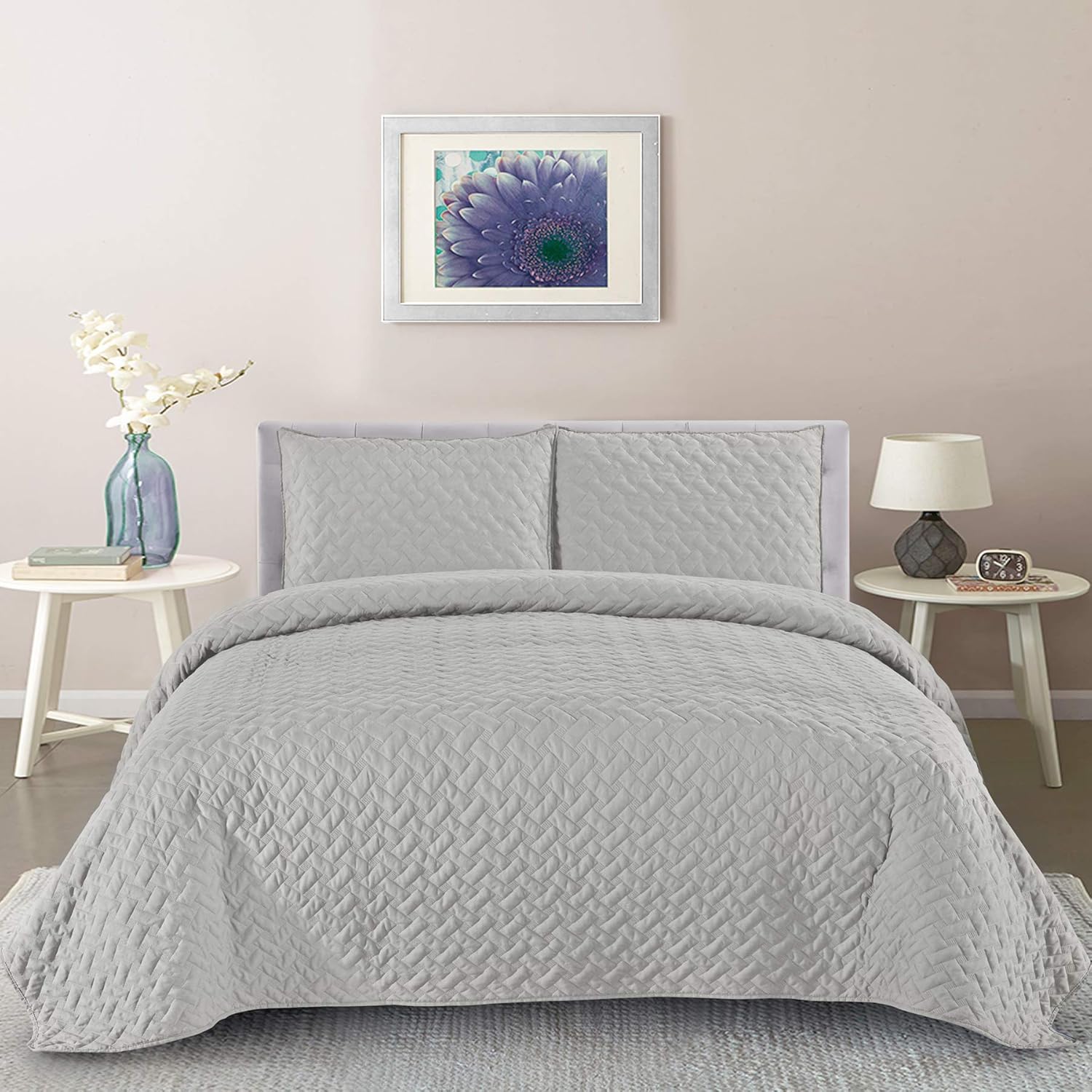 Sweet Home Collection Quilts Queen Size 3 Piece Set Vintage Pre Wash Oversized Reversible Pattern with Pillow Shams, Bentley Silver(Pack of 1)