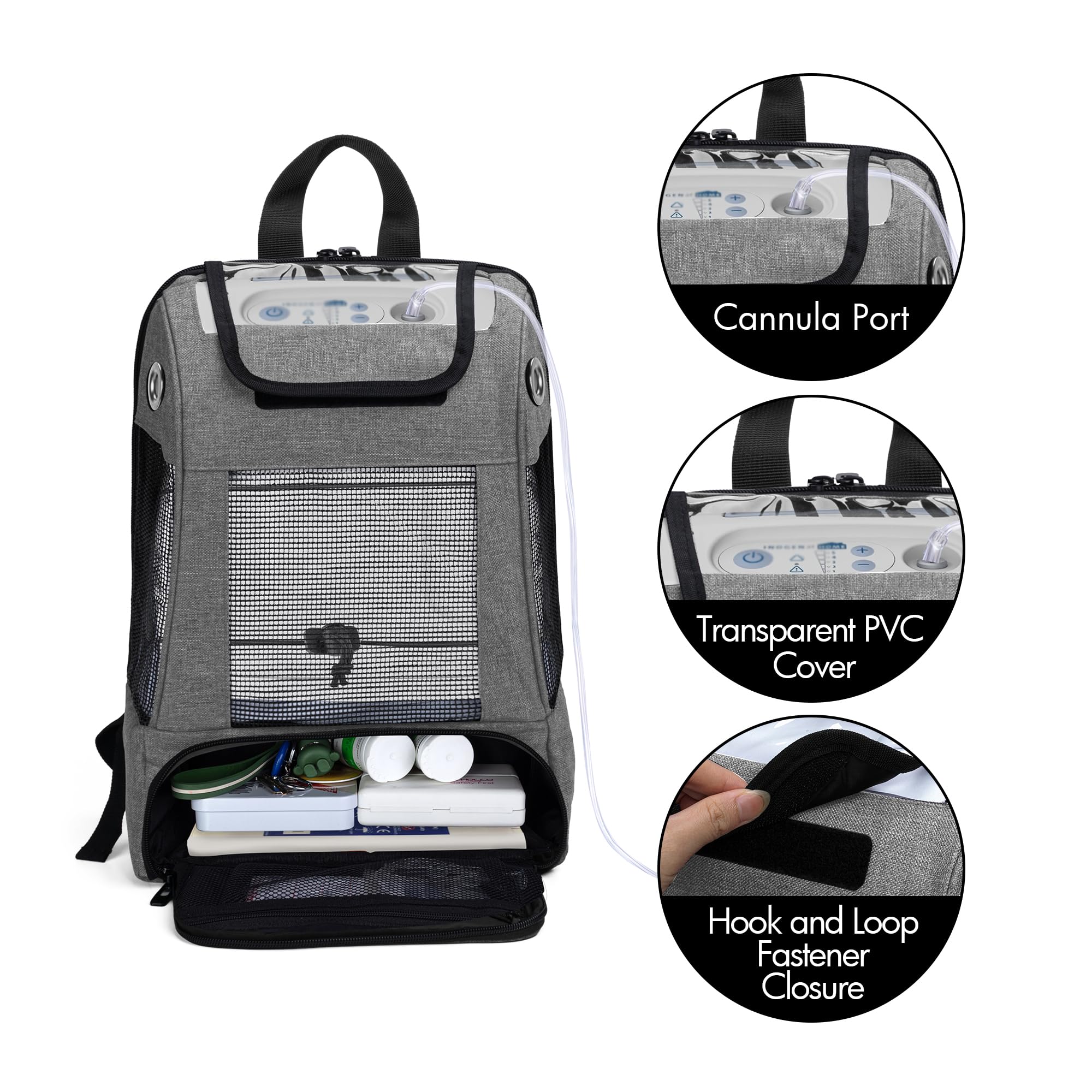 CURMIO Sac de transport pour concentrateurs d'oxygène portables, sac à dos POC universel avec panneaux en filet pour la respirabilité, compatible pour les unités Inogen, Oxygo, Caire,gris