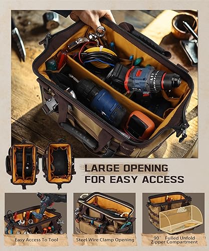 Miniatura 4 de ARCFOX Bolsas de herramientas grandes de electricista de 16 pulgadas para hombres, resistentes, 31 bolsillos, bolsa de herramientas de lona encerada