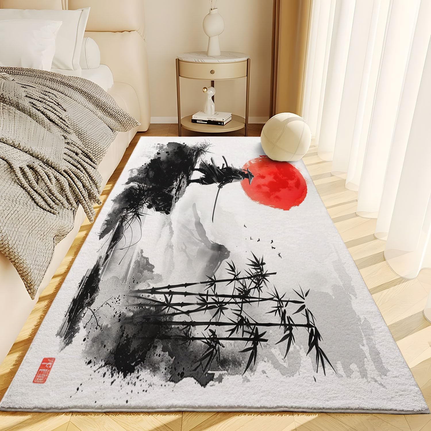 Alfombra antideslizante para sala de estar, 80 x 150 cm, estilo japonés, pintura a tinta, alfombra samurái de sol rojo, alfombra rectangular lavable a máquina, alfombras suaves de pelo bajo para