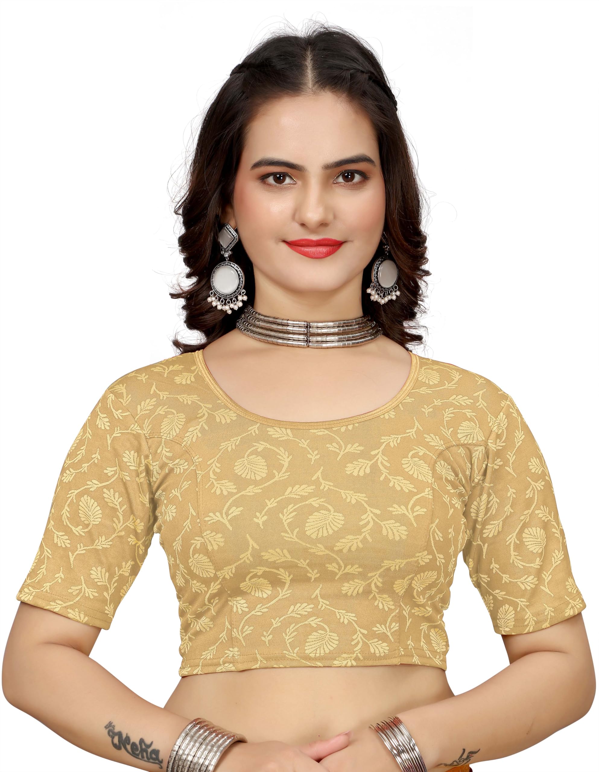 Sarhul GarmentsBlouse Readymade Blouse Round Neck JAKAT Cotton Lycra Stretchable Half Sleeve Readymade Saree Blouse for Women