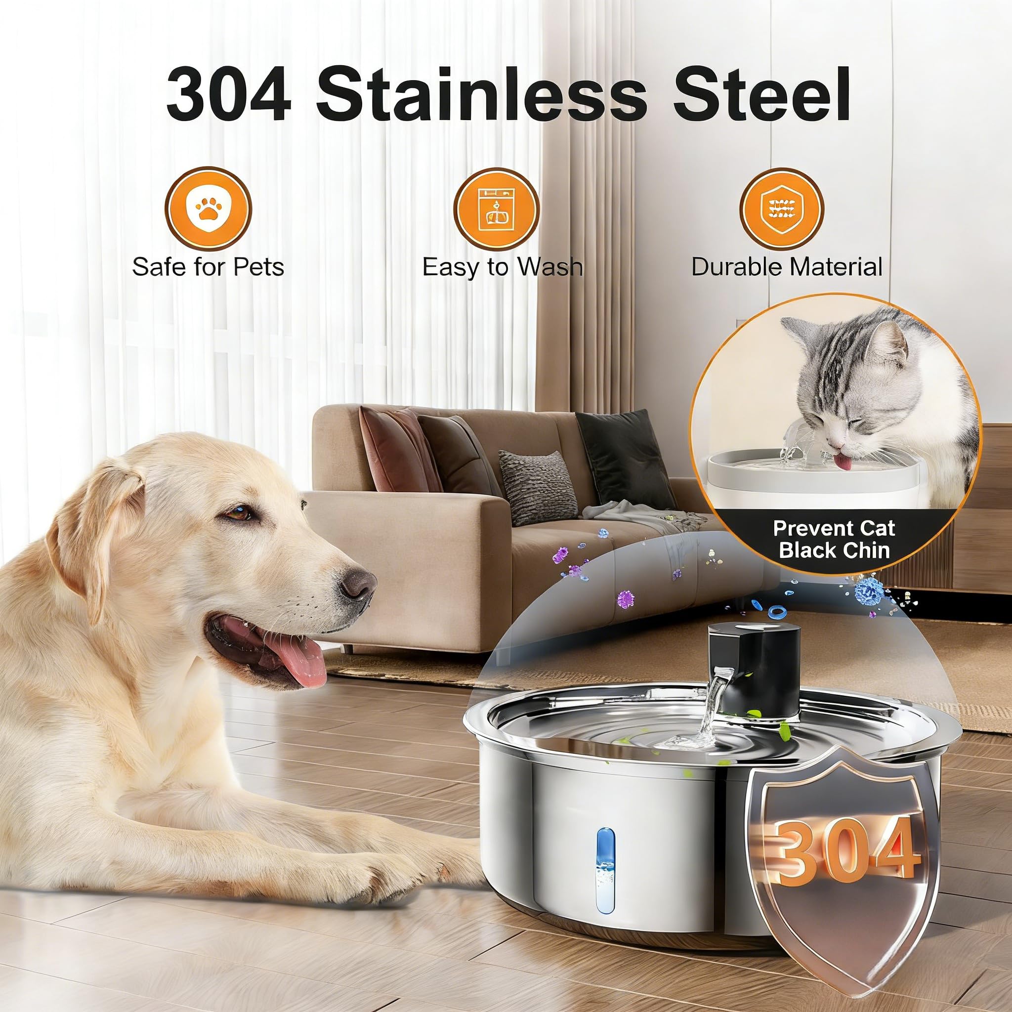 Fuente de agua para perros, fuente de agua de acero inoxidable de 8 litros para perros grandes, dispensador de cuenco de agua para perros, bomba súper silenciosa y filtros de repuesto para gatos y