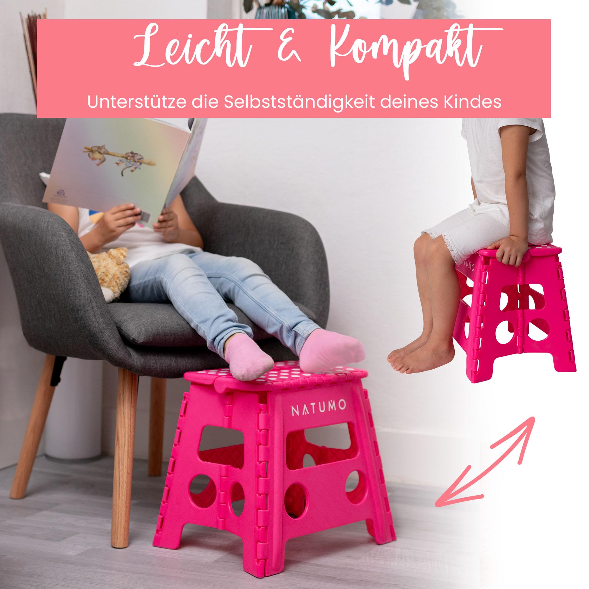 NATUMO® Taburete plegable XL para niños y adultos, taburete plegable ligero y antideslizante, taburete plegable para camping, baño, cocina y jardín, 33 cm (rosa)