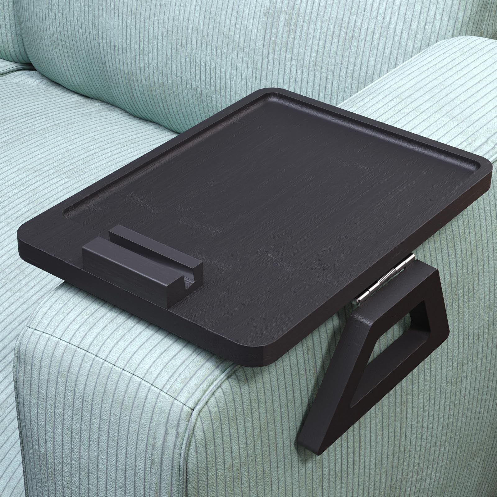 Couch Arm Tray with 360°Phone,Bamboo Folding Sofa Tray,Sofa Armrest Trays Clip-On Couch Desk for Drinks,Snacks,Phone,Remote Control(Black)