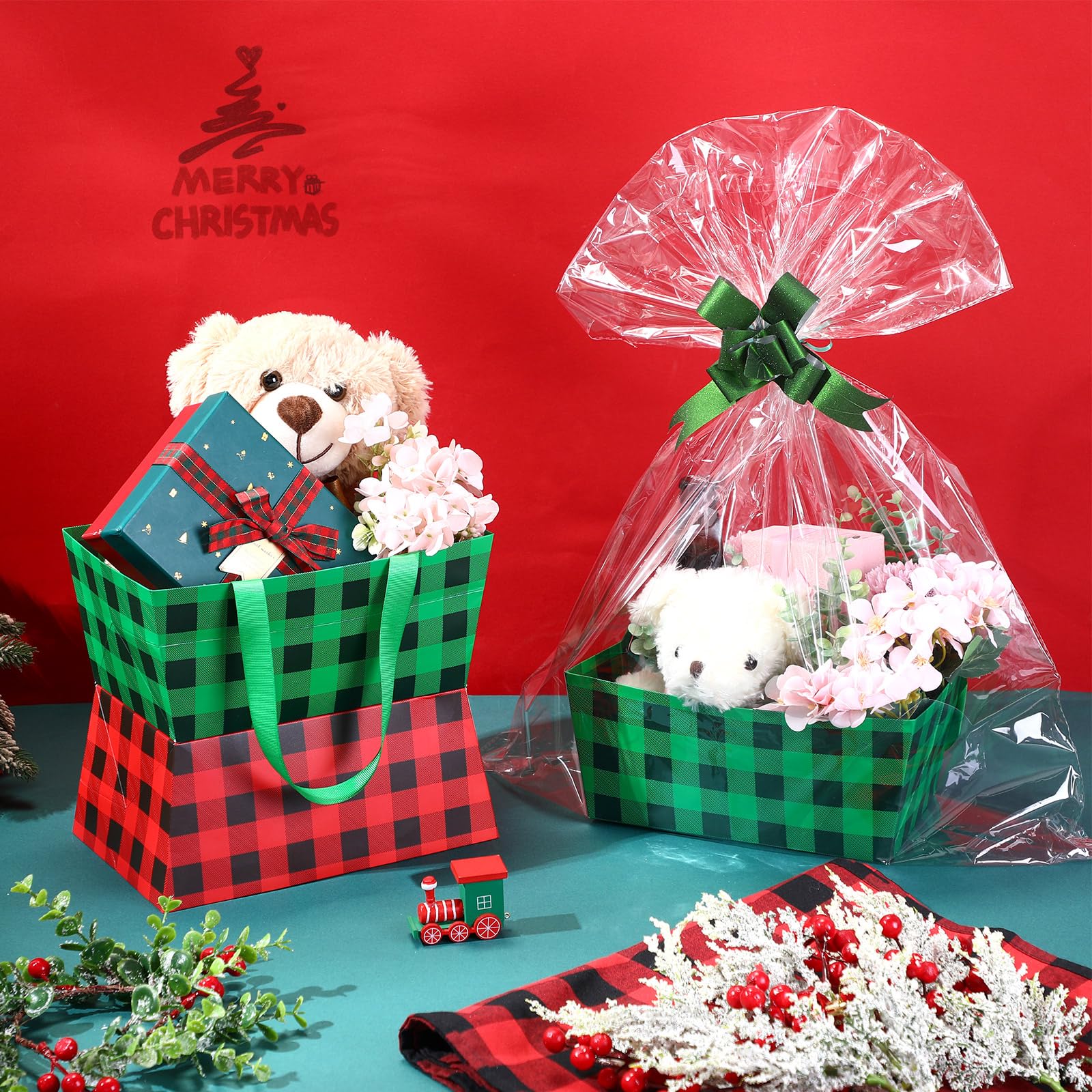 24 cestas de Navidad para regalos, kit de cesta de regalo vacía con 24 bolsas de plástico y 24 lazos, paquetes de regalo de bricolaje de 9.8 x 6.5 x 4.3 pulgadas, cesta de cartón para cumpleaños de