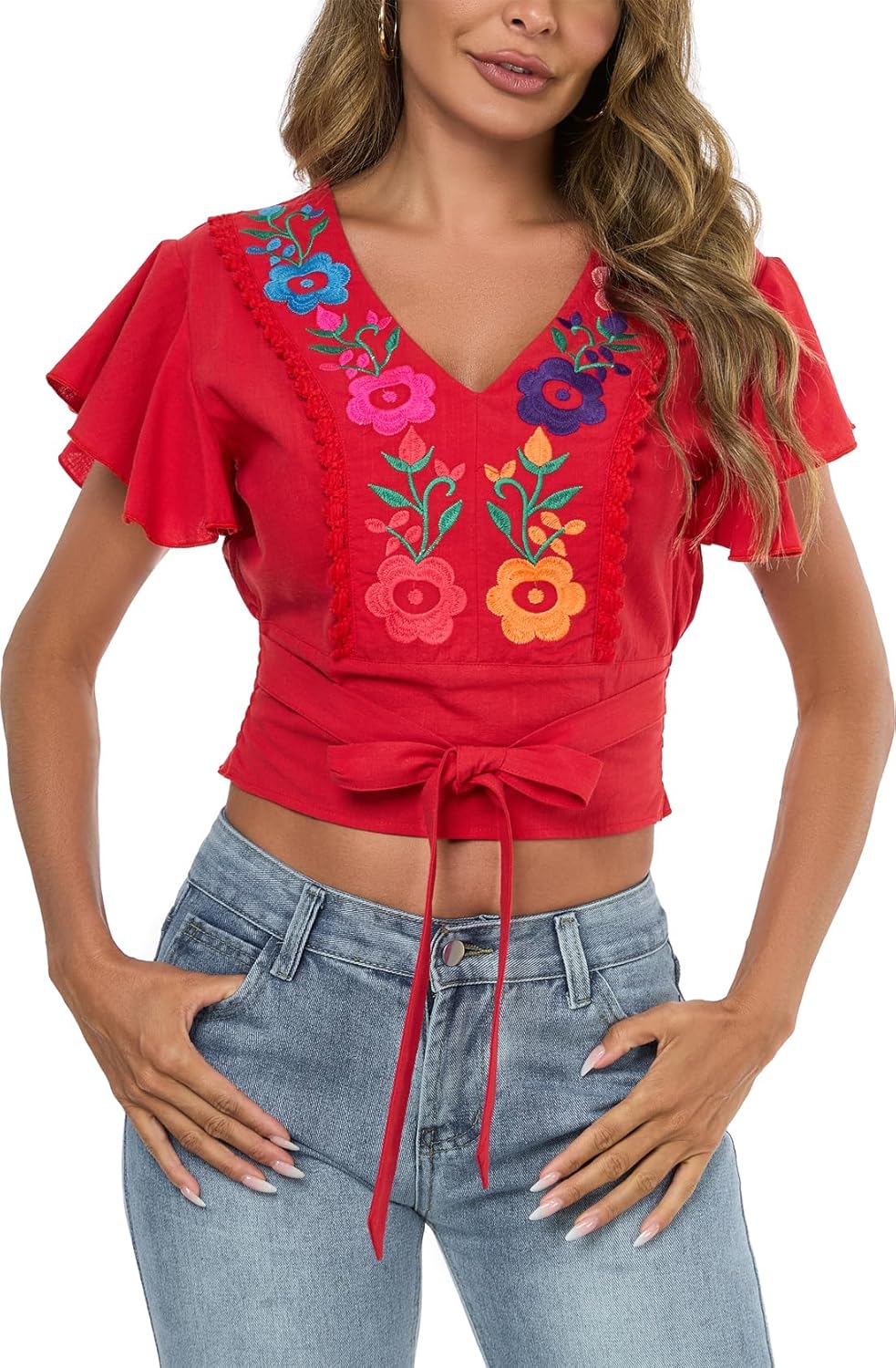 Women's V Neck Tie Front Crop Tops Summer Ruffle Short Sleeve Boho Peasant Embroidered Top Shirt Blouse - Image 5