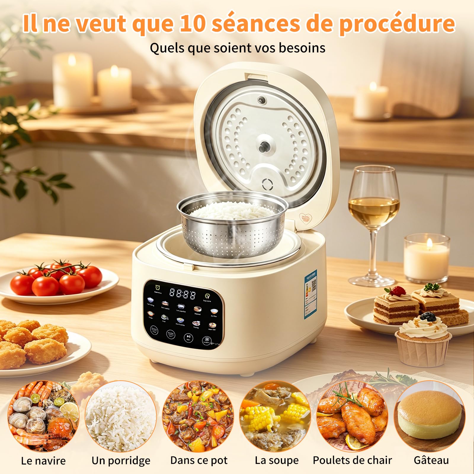 Cuiseurs à Riz, 3L Riz Cooker avec Fonction Riz à Faible Teneur en Sucre Electric Mini Rice Cooker 10 Programmes avec Bol en Céramique pour 2-8 Personnes