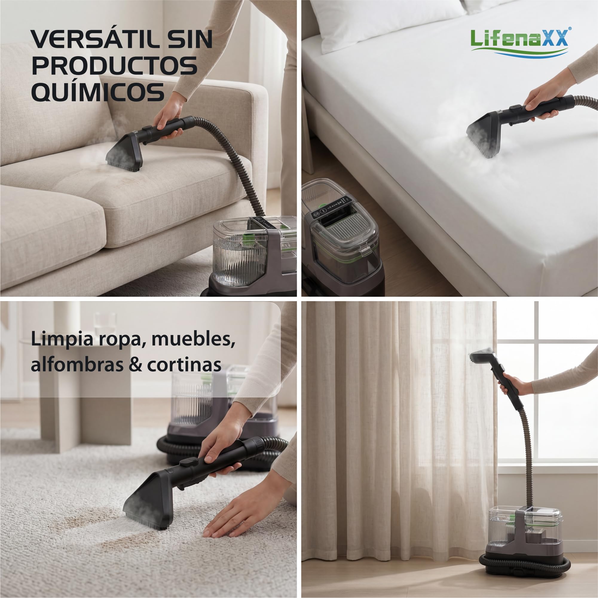 Lifenaxx Limpiador de Vapor para Tejidos 1800W Pro LX-069 | Sistema de Limpieza a Vapor con Potente Succión | Limpieza Profunda para Tapicerías, Colchones y Alfombras | Doble Depósito, 8 Accesorios