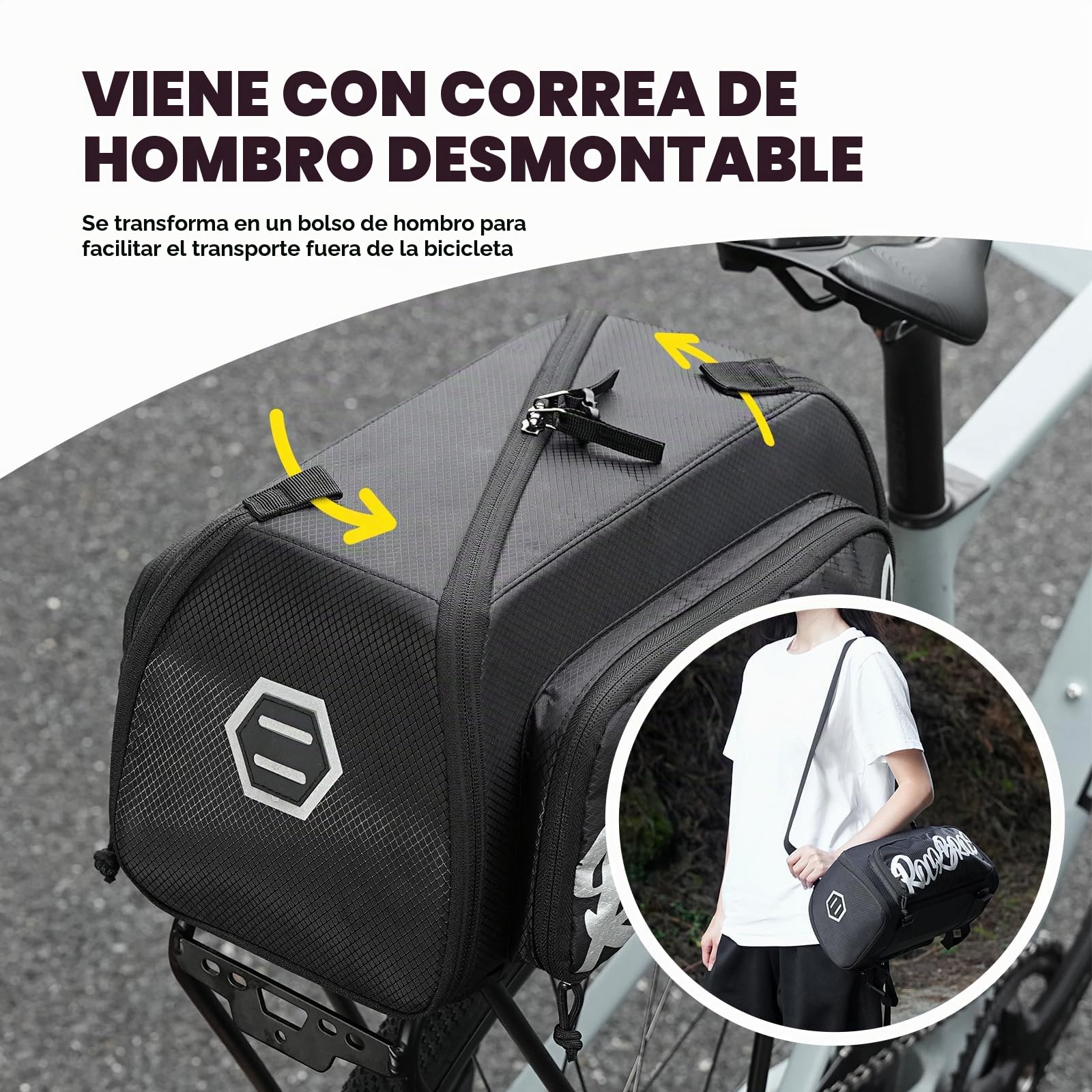 ROCKBROS Bolsa Trasera para Bicicleta 14.9L con Bolsillos Laterales y Correa de Hombro, Bolsa de Portaequipajes Reflectante para Ciclismo, Viajes y Desplazamientos