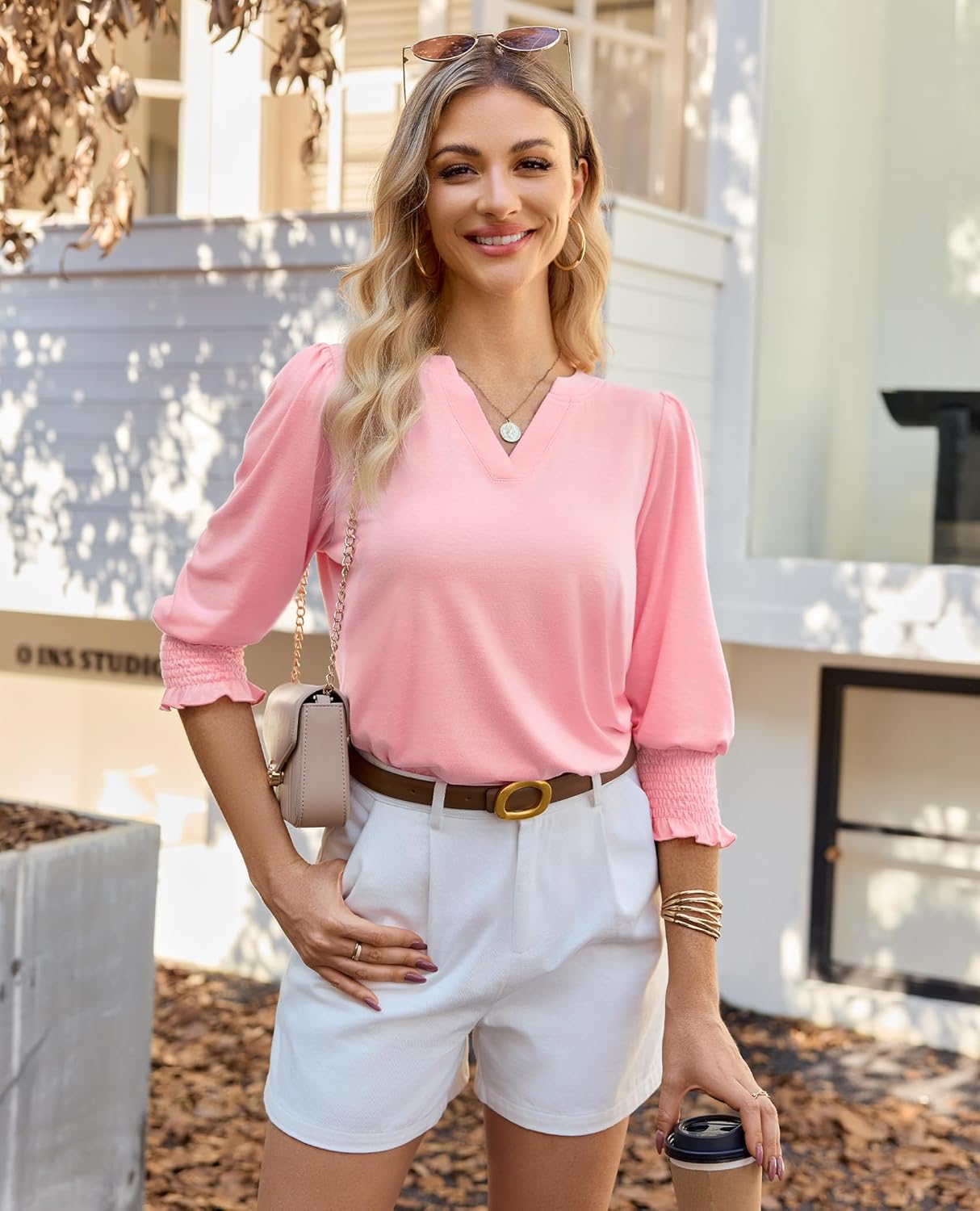 Tunic Tops for Women 3/4 Length Sleeve Womens Tops V Neck Blouses Shirts Dressy Casual with Smocked Cuffs - Image 2