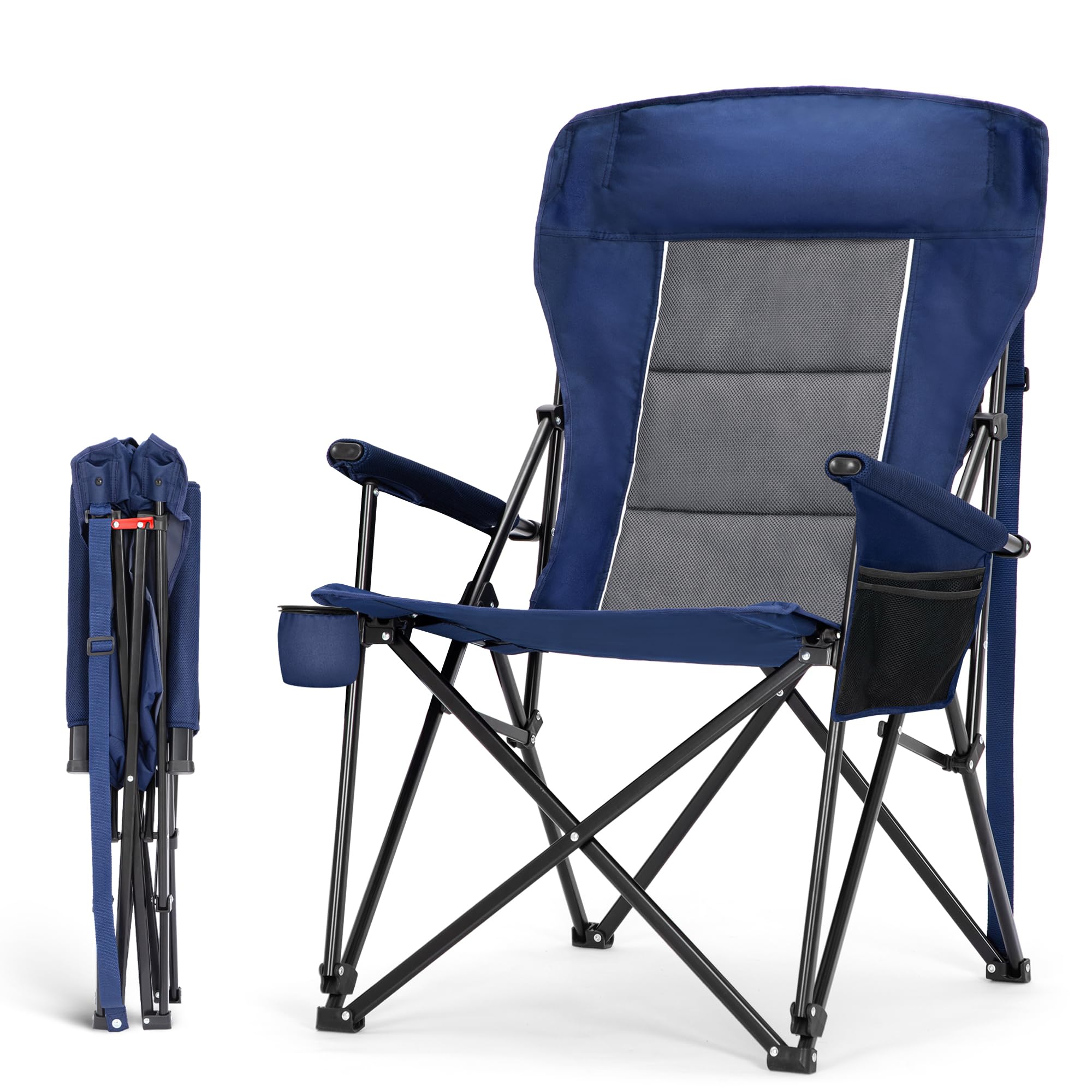 HIGH POINT SPORTS Oversized Camping Chairs for Adults, High Back Heavy Duty Lawn Folding Chair Support 500LBS, Padded Portable Outdoor Chair with Cup
