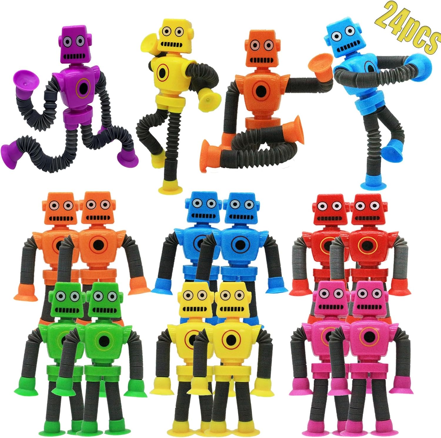 Changing Shape Robot Toy, Suction Cup Toys, Autism Sensory Telescopic Pop Tubes Fidget Toys for Parties, Birthdays, Easter, Valentine's Day, Travel Party Game (Multicolor 24pcs)