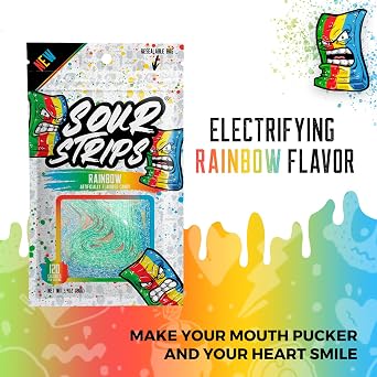 SOUR STRIPS Rainbow Flavored Sour Candy Strips | Deliciously Sour Chewy Candy Belts | Vegetarian Candies, 12 Strips per Pack, 2 Pack, 3.7 ounces