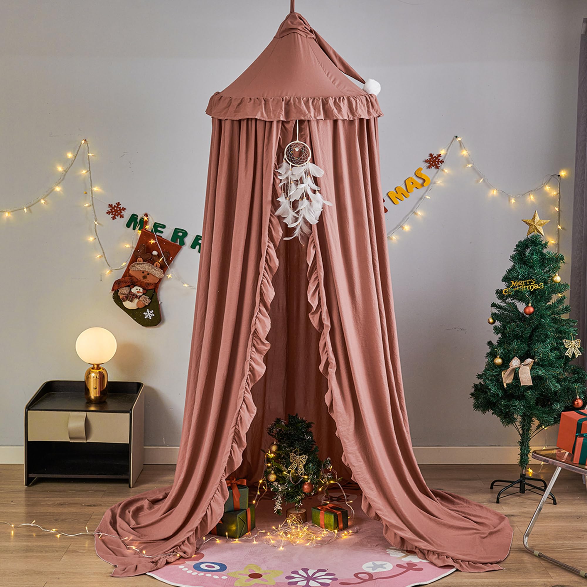 Betthimmel für Mädchen Prinzessin Runder Kuppel Träumendes Moskitonetz Bettwäsche Mädchenzimmer Schloss Spielzelt Hängendes Haus Dekor Leseecke Baldachine(Bohnenpaste rot)