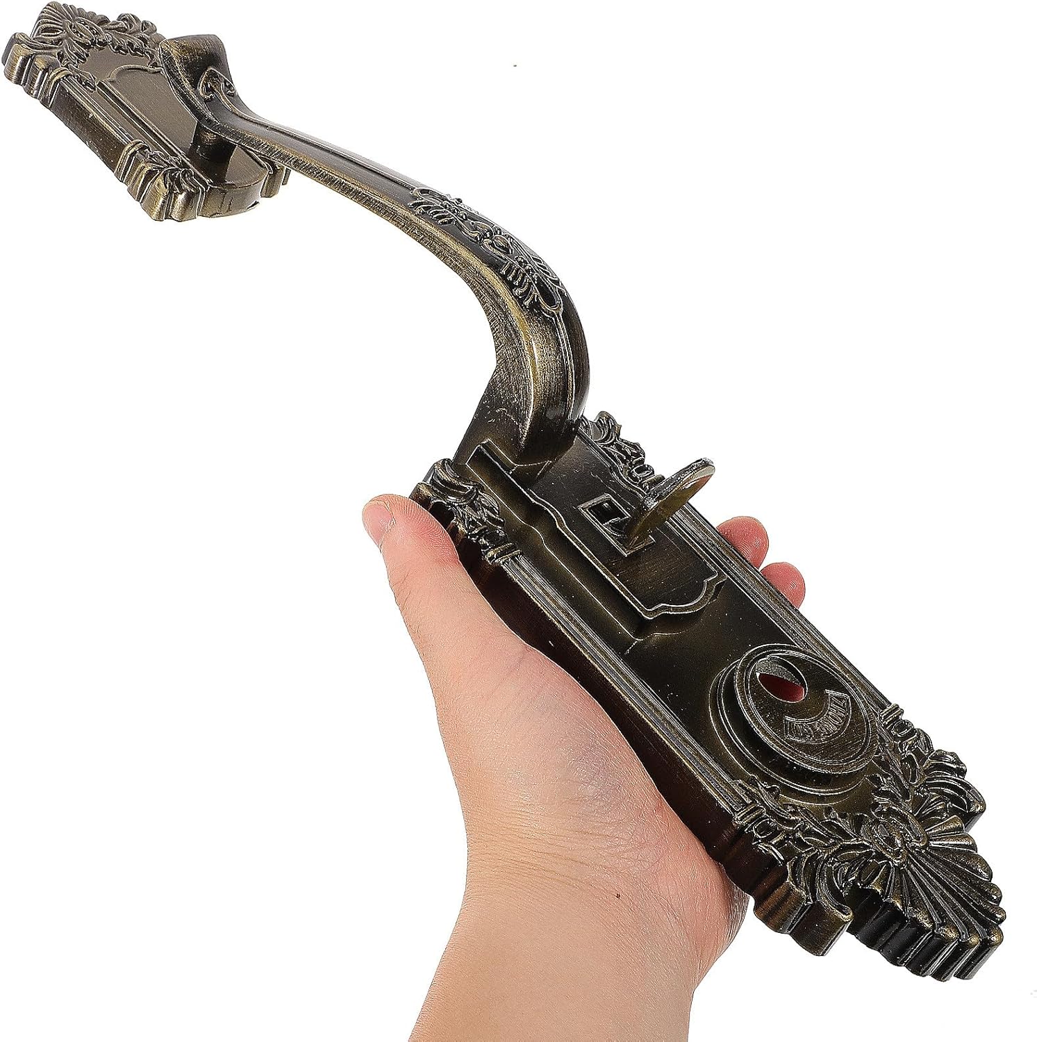 Vintage Door Handle Lock Set, Zinc Alloy Front Door Safety Handle with Press Lever, Bow-Shaped Aluminum Alloy Lock for Exterior Security, 1pcs Kit