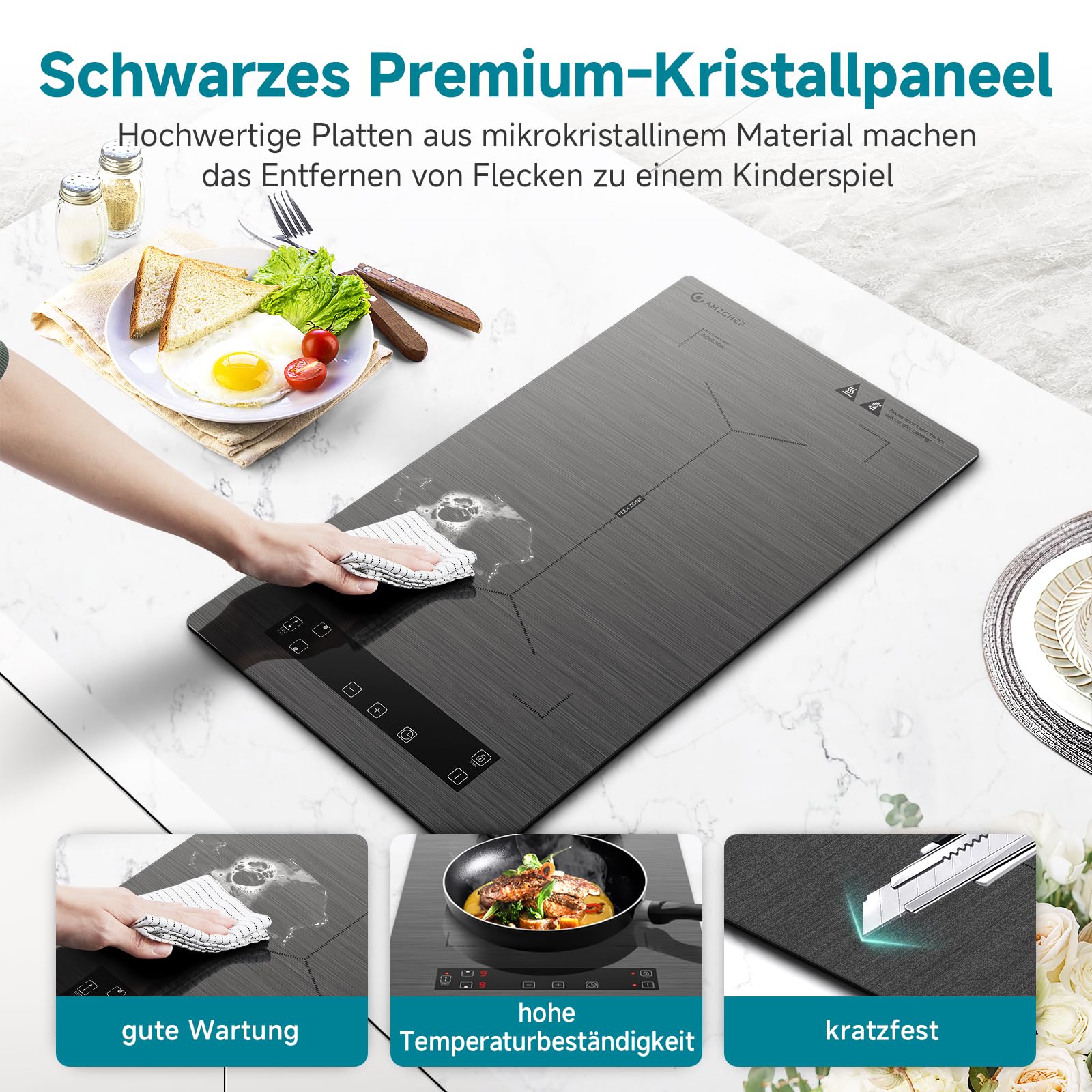 AMZCHEF Induktionskochfeld 2 Platten, Flexzonen, 3300W, Sicherheitsschloss, Timer, Berührungssteuerung (Grau)