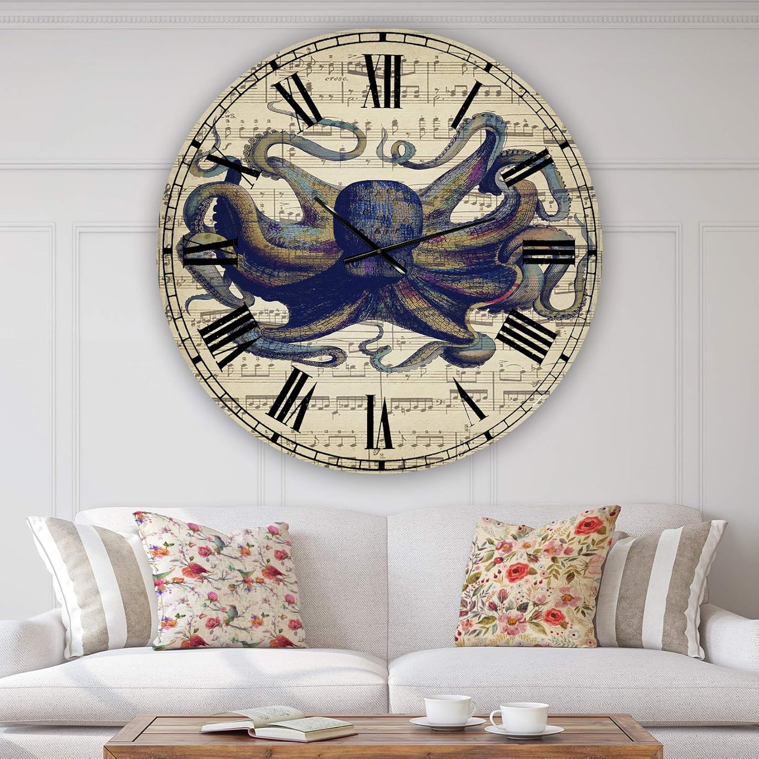 'Octopus Music Score I' Oversized Nautical & Coastal Wall Clock for Home Bedroom Bathroom Office Living Room Decoration