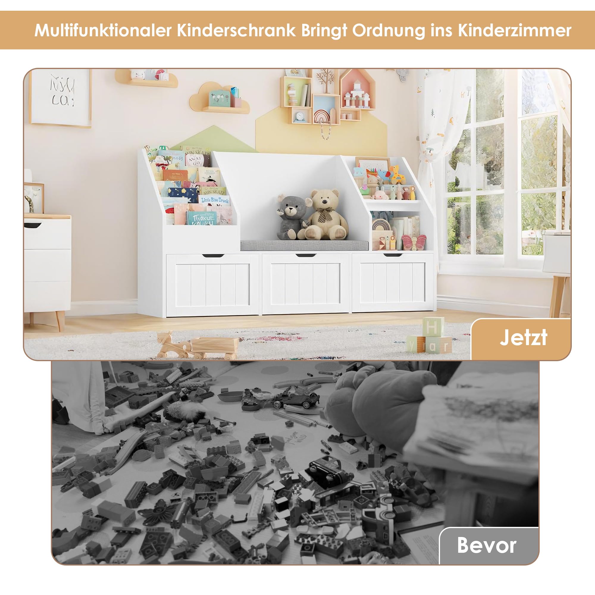 FOREHILL Kinderregal mit Sitzbank Kinderzimmer Möbel mit 3 Aufbewahrungsboxen für Spielzeug Bücherregal für Kinder mit 4 Ebenen, Regal für Kinderzimmer Leseecke 140x80x39,5 cm Weiß