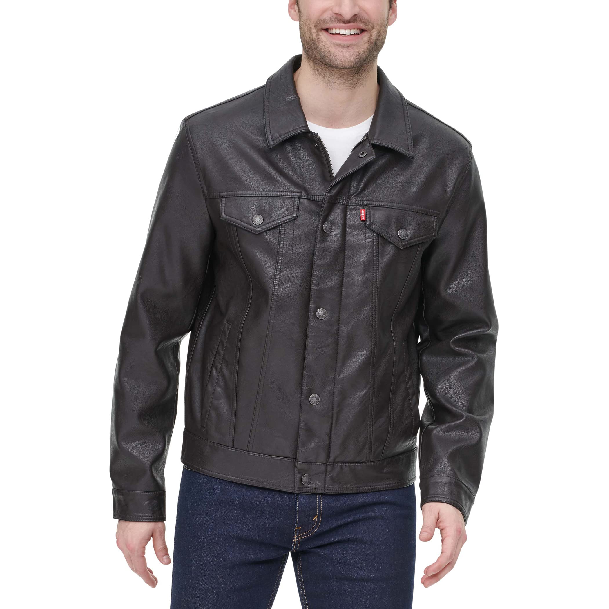Levi's Men's New Dark Brown Faux Leather Classic Trucker Jacket, L