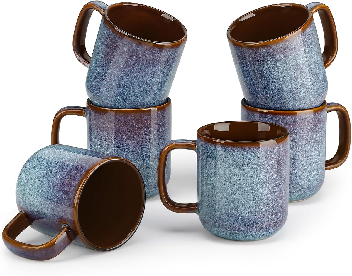 16 oz Coffee Mugs Set of 6, Large Ceramic Mug with Handle, Unique Glaze Coffee Cups for Latte, Cappuccino & Hot Cocoa, Dishwasher & Microwave Safe, Blue, Series ONION
