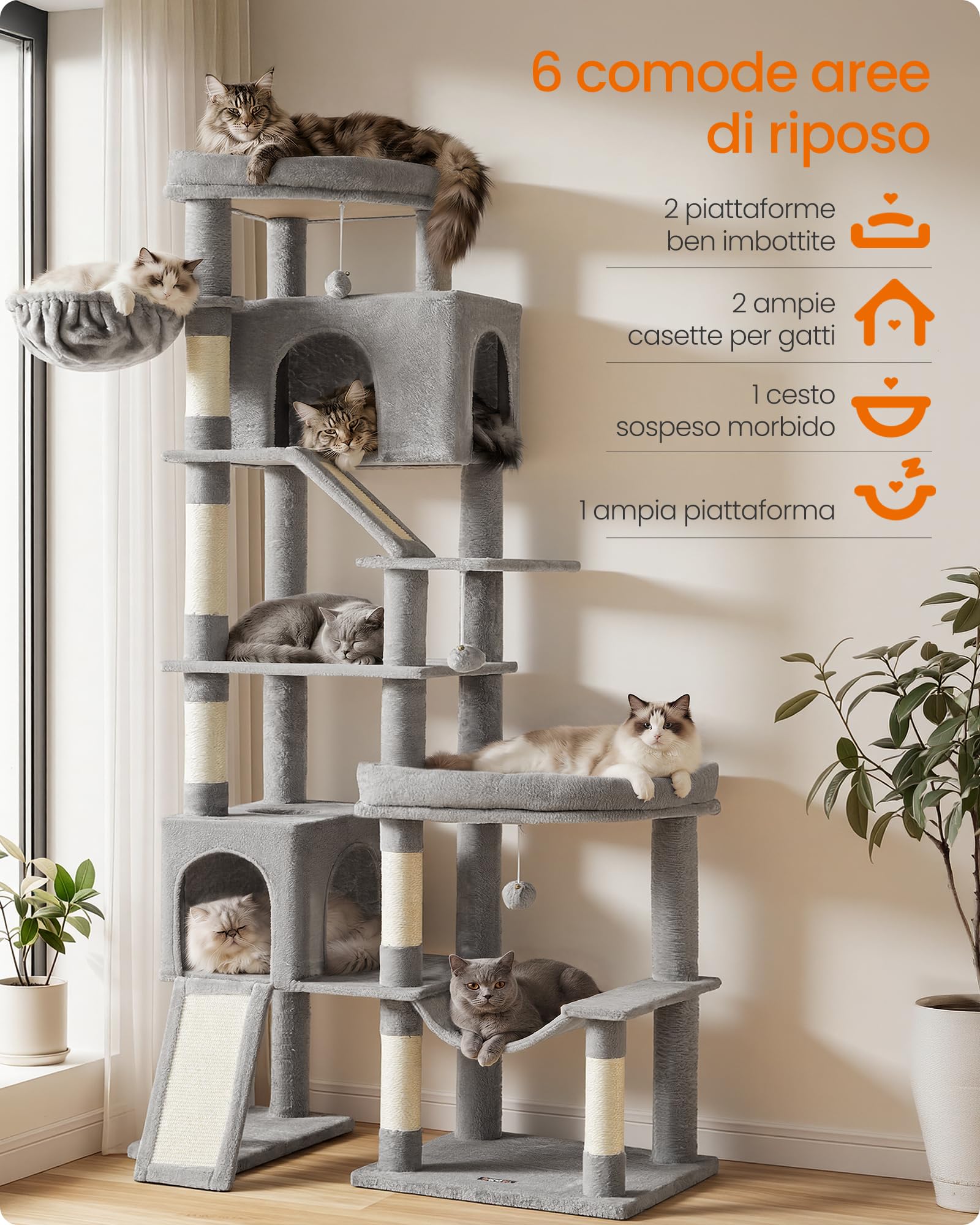 Feandrea Albero per Gatti XXL, Torre Tiragraffi in Sisal con Doppia Base, 6 Aree di Riposo, 133,5 x 67,5 x 202 cm, Grigio Tortora, per Gatti Grandi, Collezione Clawfy PCT020G101