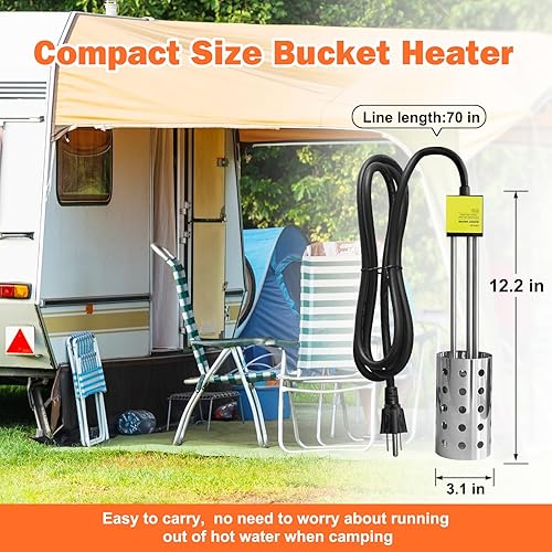 Vista 6 de Calentador de cubo de 1500 W, a prueba de óxido con controlador de temperatura integrado, calentador de agua de inmersión, calienta 5 galones