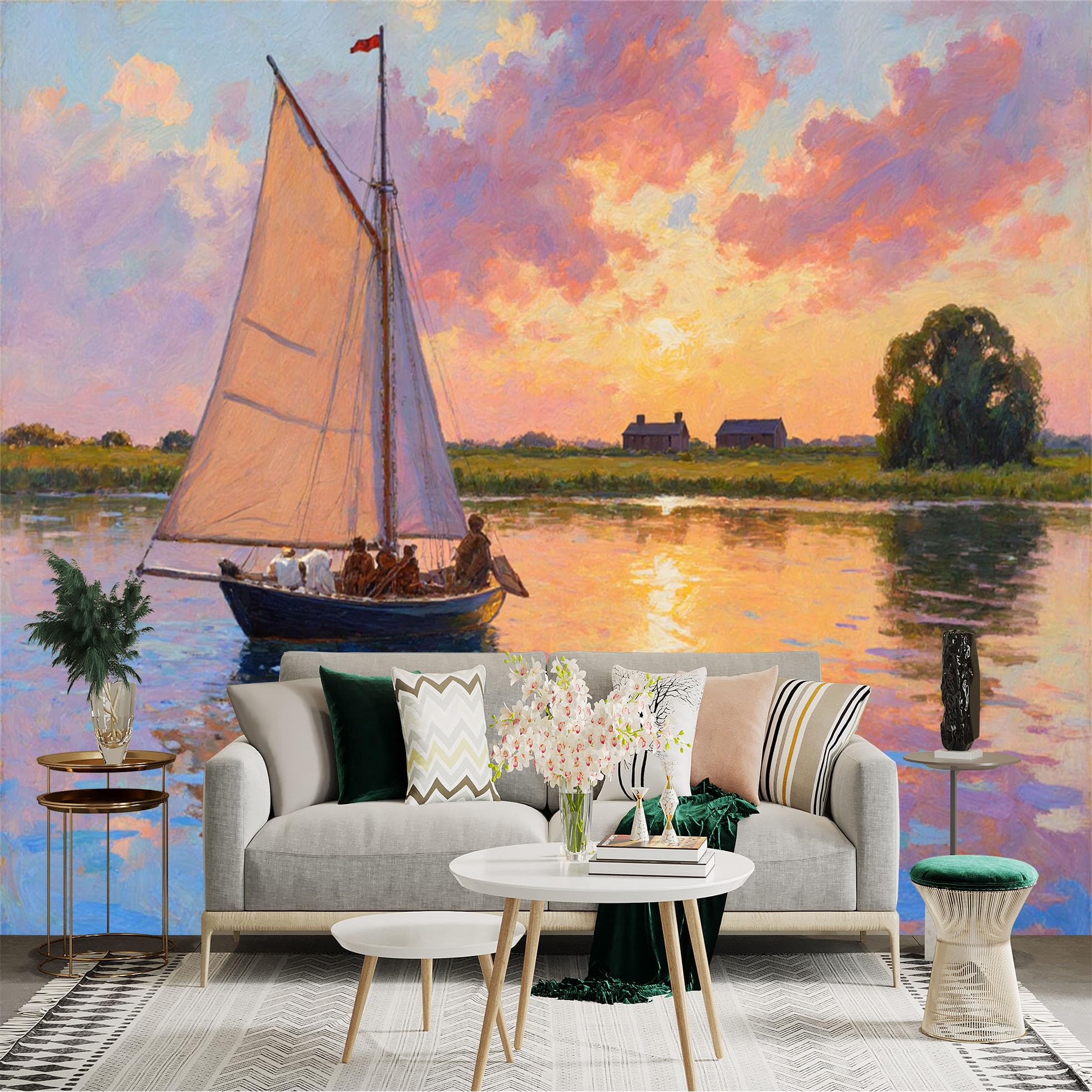 Lnzczhyre Xc260505381 Custom Size Wall Sticker Mural， Sailboat On Calm River， Beautiful Sunset Scenery， Oil Painting Style Landscape， For Wall Decoration， Peelandstick Wall Decals.