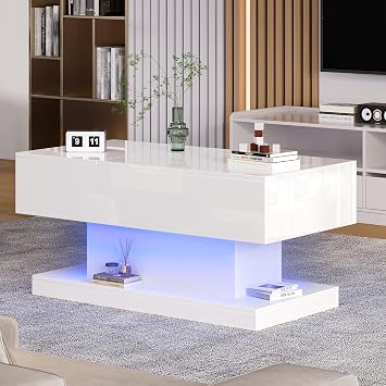 ZONJIE High Gloss Coffee Table with LED LED Coffee Table Living Room Table with Shelf High Gloss Sofa Table Multifunctional Side Table Open Display Shelf for Living Room Office White Style 2