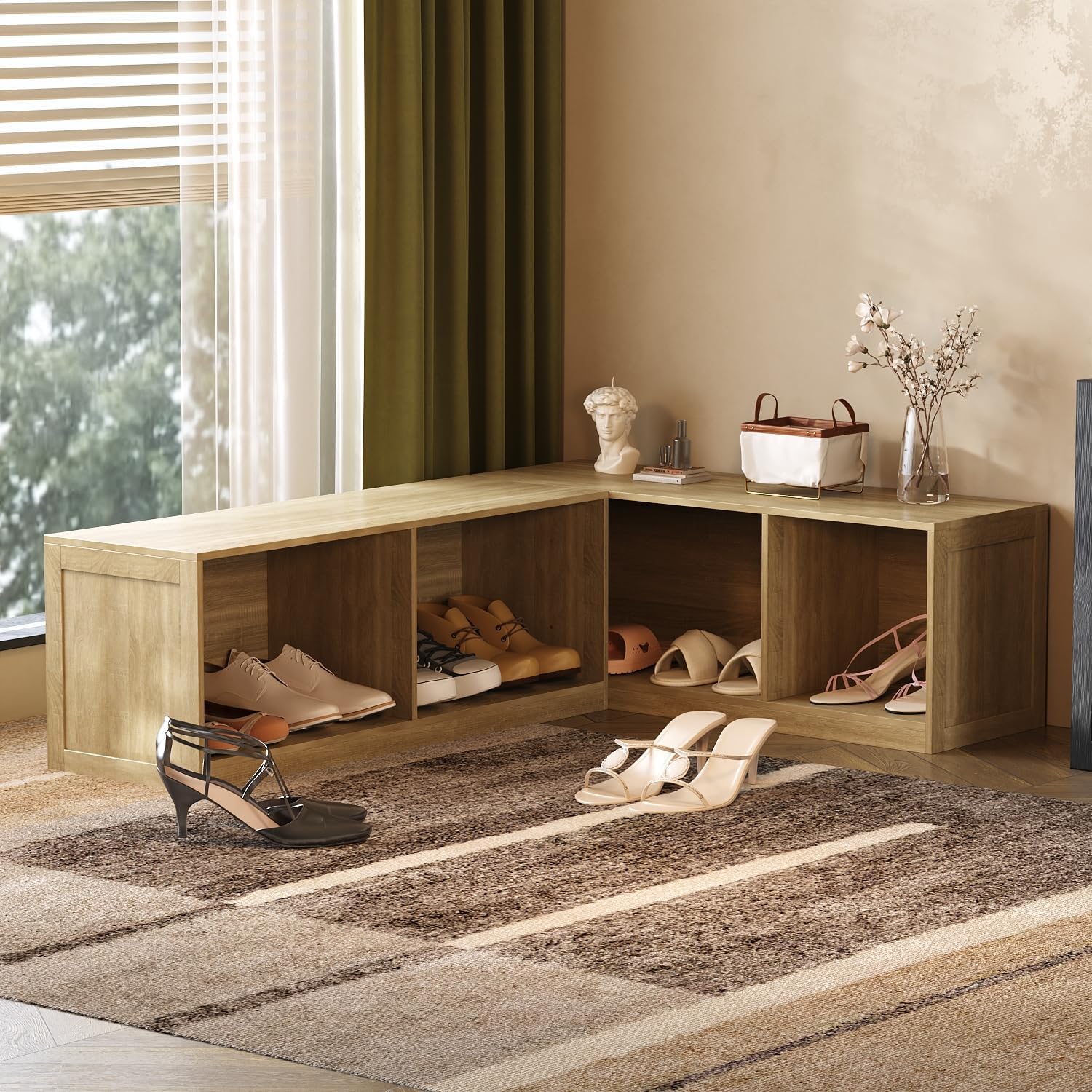 L Shape Storage Bench, Kitchen Breakfast Nook Bench, Backless Corner Nook with Storage Cubes, Shoe Benches for Entryway Cloakroom, Natural, 63”D x 47.2”W x 17.7”H