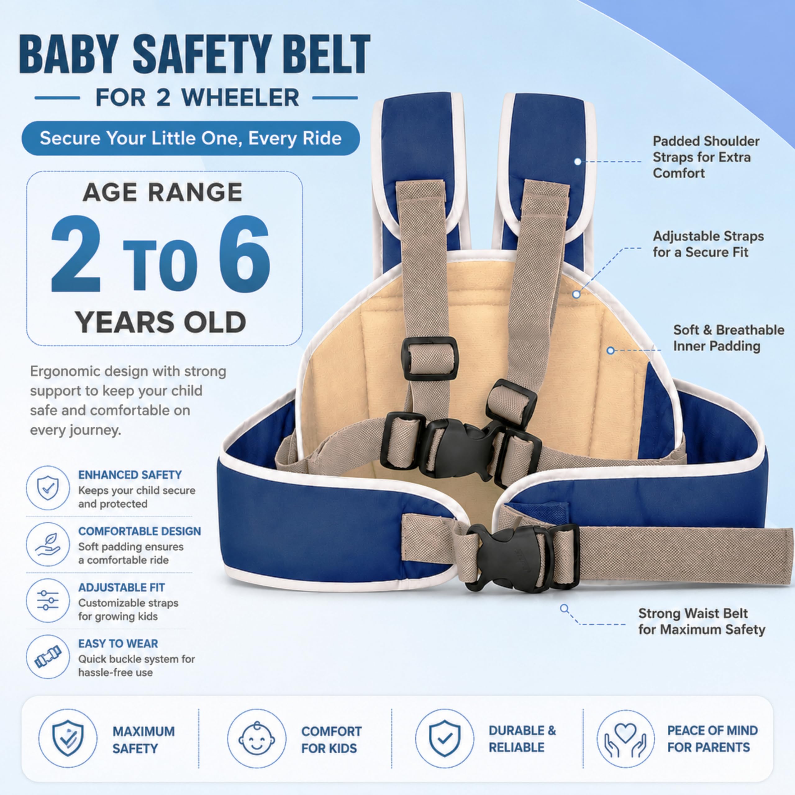 Mommers Baby Safety Belt for 2 Wheeler | Adjustable Harness for Bike and Scooter | Motorcycle Safety Harness Strap Belt for Children for 2 to 6 Year | Polyester - Blue — Amazon image 2