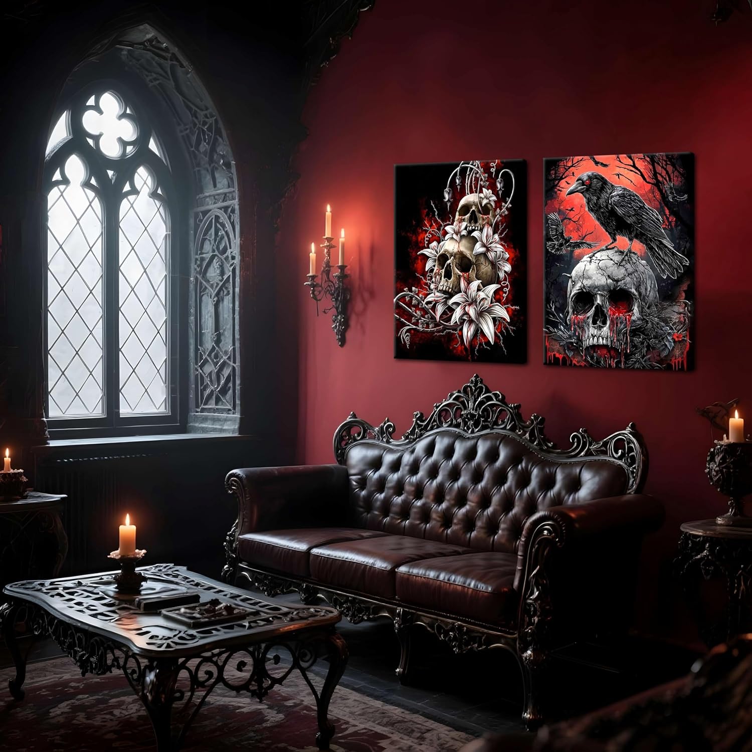 3 Piece Gothic Halloween Canvas Wall Art – Framed Dark Crow Floral Skull Prints, Spooky Romantic Aesthetic Gothic Pictures for Living Room, Bedroom, Bathroom Halloween Decor – 12x16in