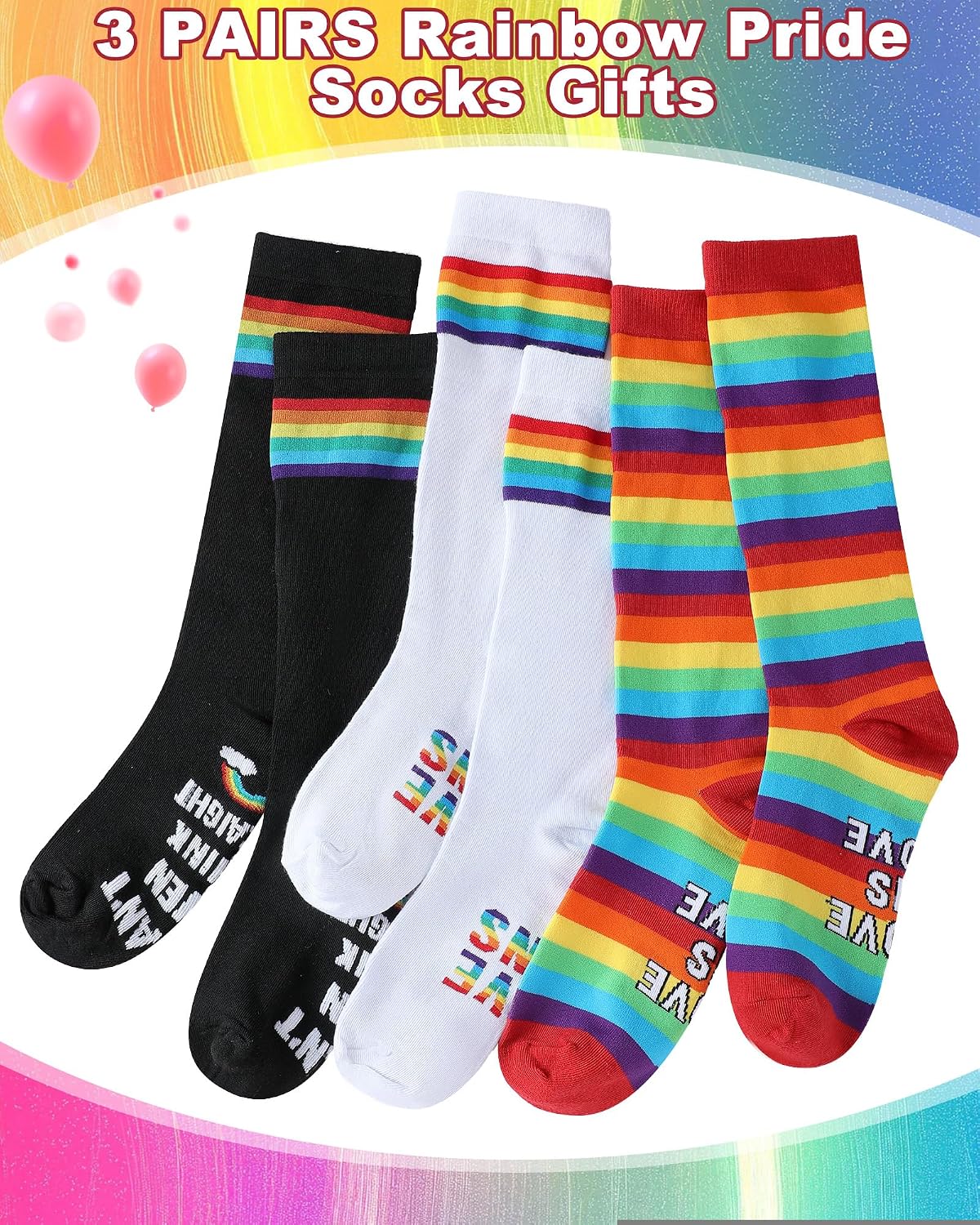 Eurzom 3 Pairs Novelty Rainbow Pride Knee High Socks Funny Cotton Socks Lesbian Gay Accessories Lgbtq Gifts for Women Men Unisex