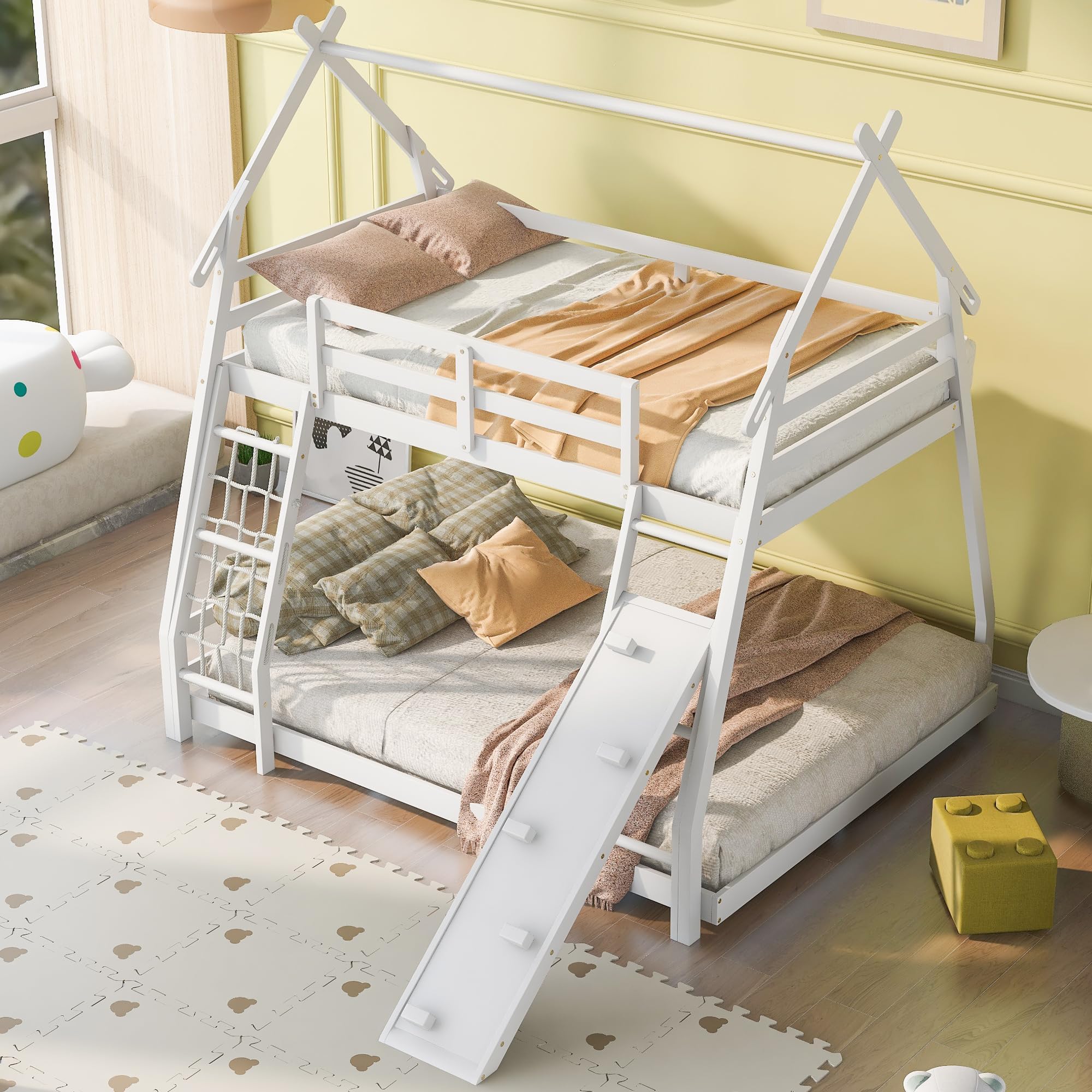 Bellemave Bunk Bed Twin Over Queen, Bunk Bed with Slides and Stairs, House Bunk Bed with Climbing Nets and Climbing Ramp, Queen bunk Bed for Kids, Teens, Kids bunk beds, White