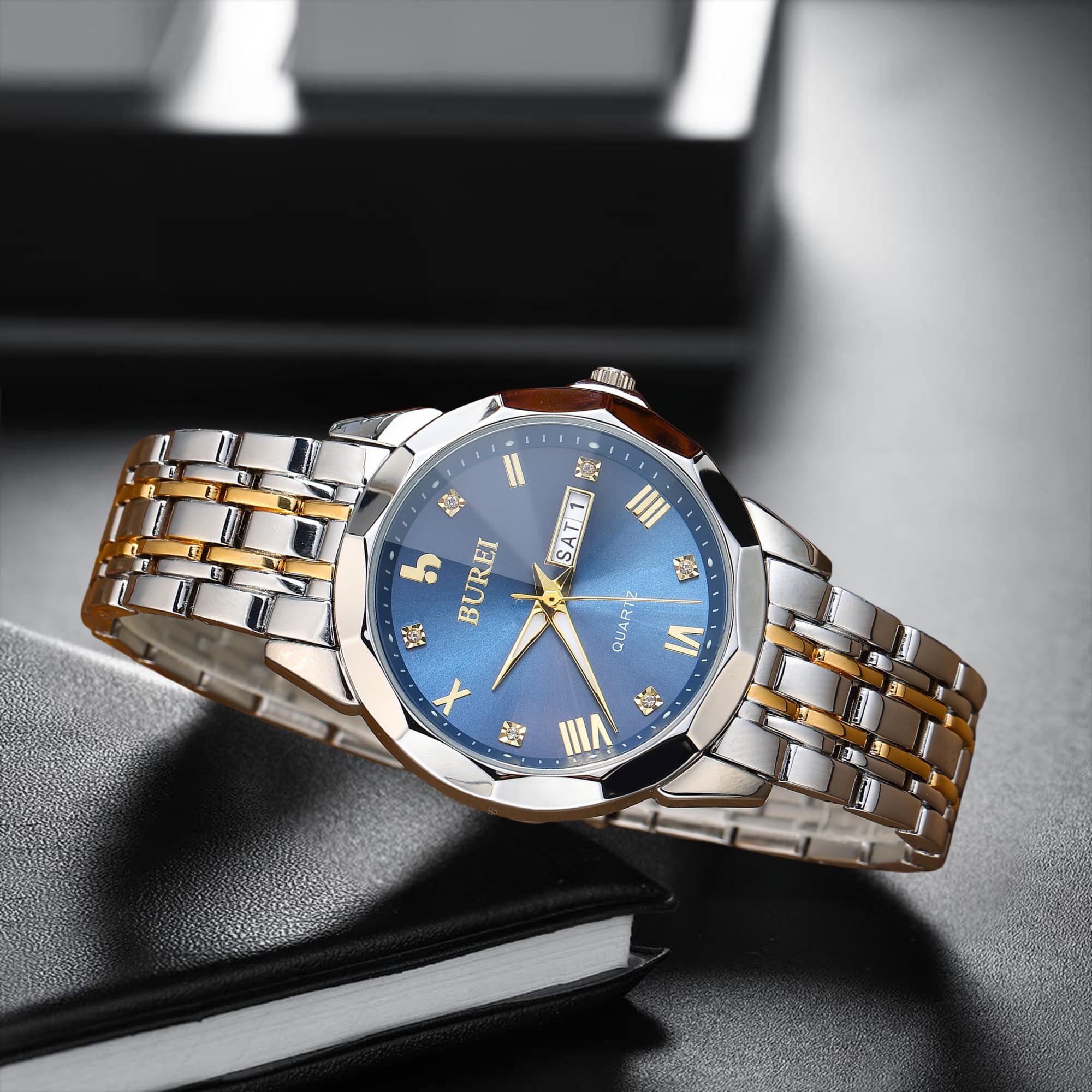BUREI Herrenuhr Simulation Quarz Band Diamant Edelstahl Uhr Kalender Datum wasserdichte Luxus Business Freizeit Mode Uhr
