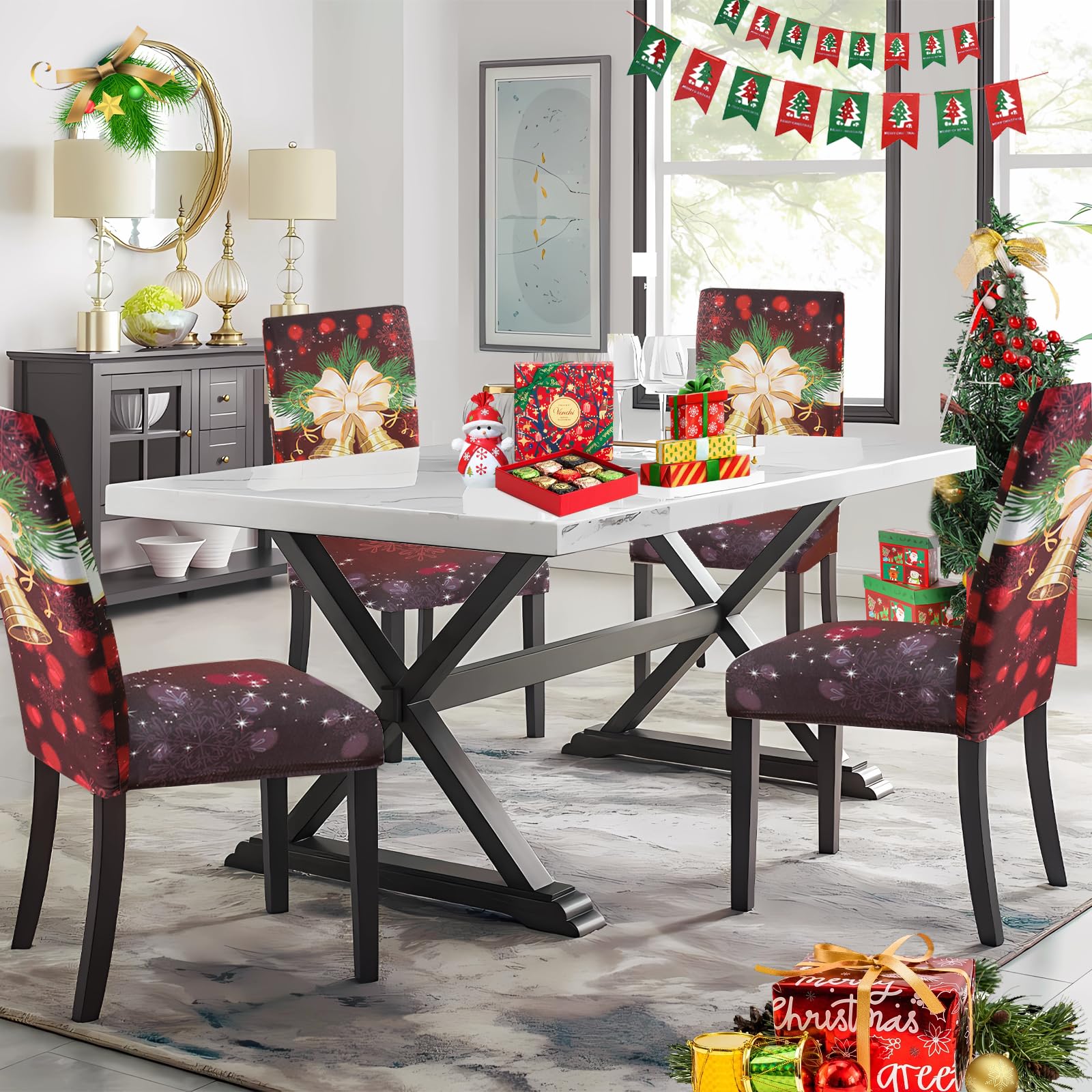 FIGOOO Coprisedie Natalizie con Schienale 4 Pezzi Xmas Coprisedia per Sala da Pranzo Spandex Fodera per Sedia da Cucina Coprisedia Decorativo Natalizio(Campanellino,4pcs)