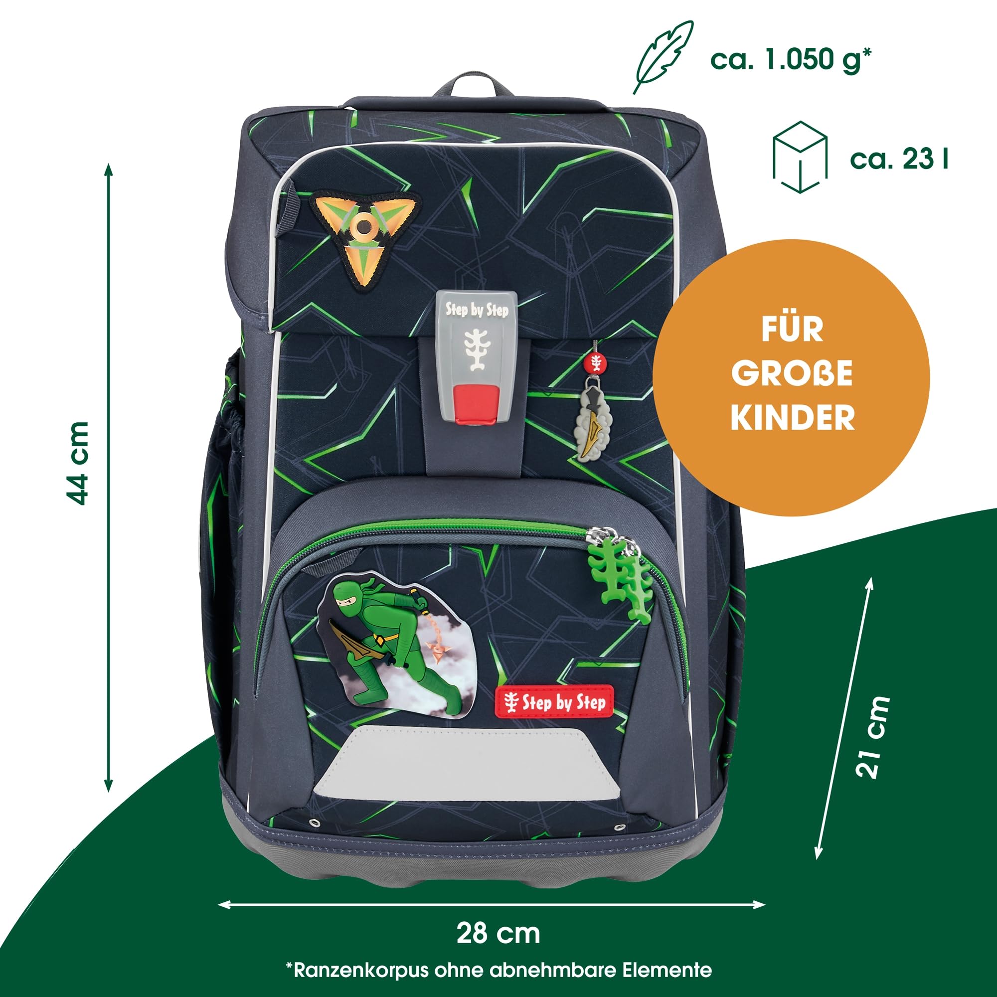 Step by Step Giant zestaw tornistrów szkolnych, 5-częściowy, zielony, ergonomiczny tornister z odblaskami, regulacja wysokości z paskiem biodrowym i piersiowym, dla dzieci od 1. klasy, 23 l