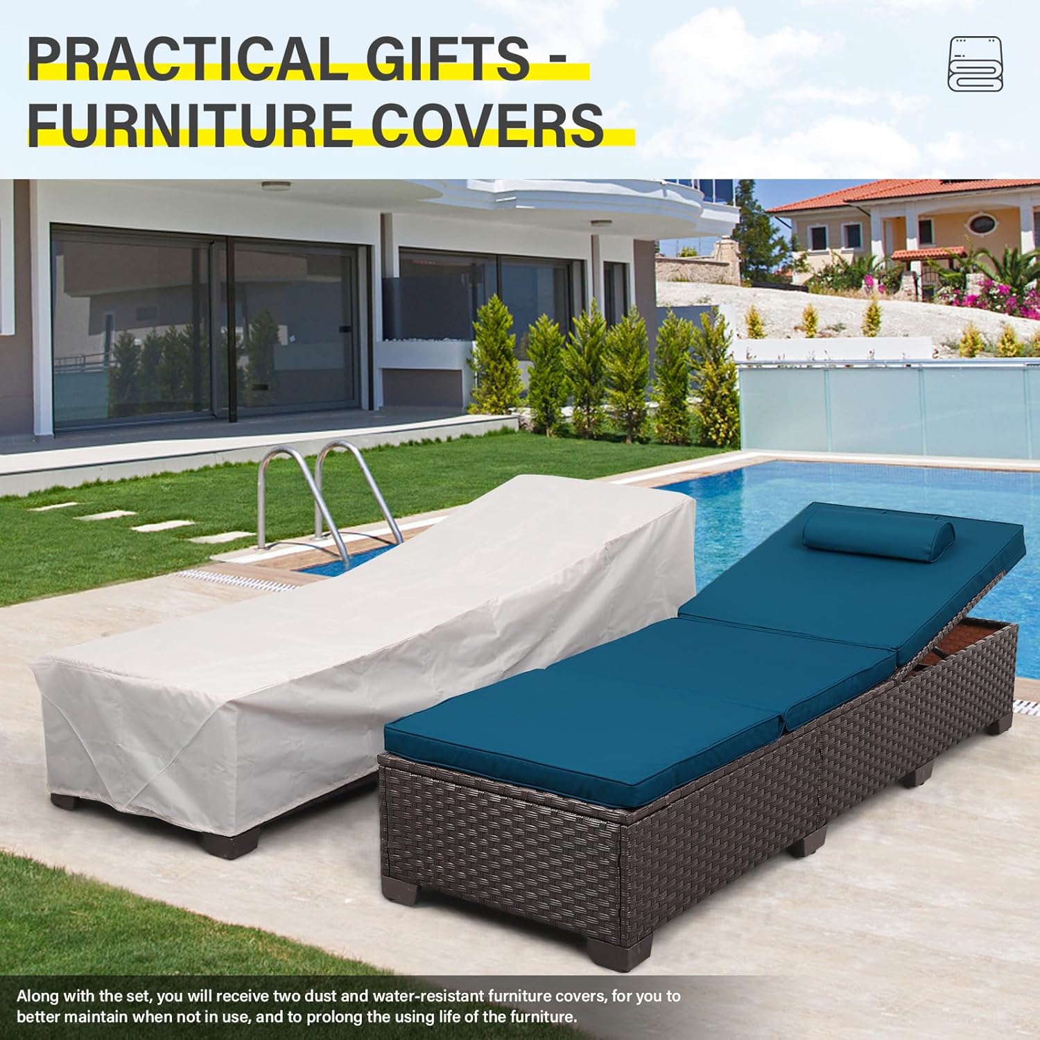 Lviden Outdoor Chaise Lounge Set Patio Lounge Chairs Outside Pool Lounger Furniture Set of 2 Brown Wicker Recliners with Adjustable Backrest and Peacock Blue Cushions