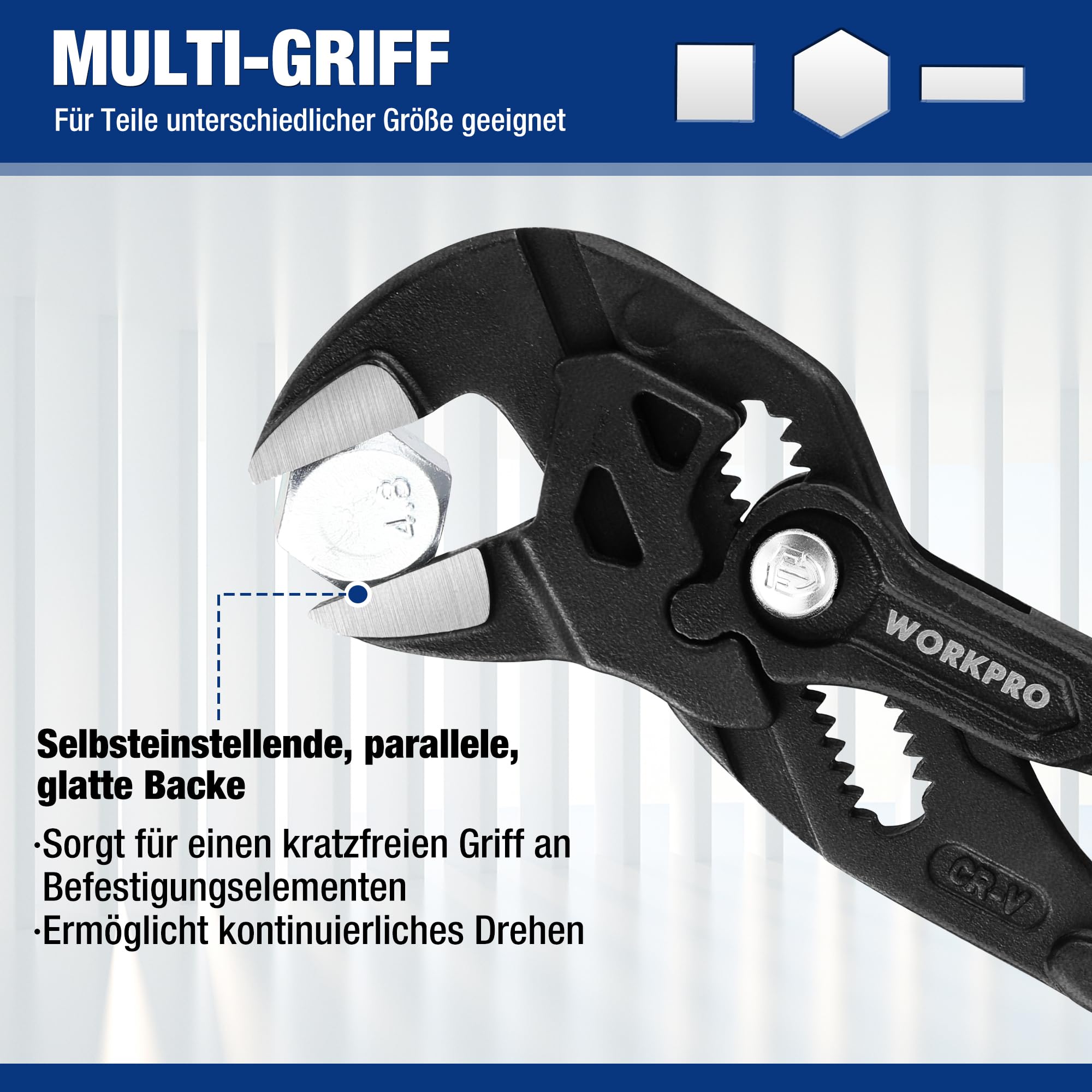 WORKPRO Zangenschlüssel-Set 2-teilig, 180mm & 255mm, Rillengelenkzange ohne Zähne, Hochwertiger Cr-V-Stahl, Paralleles Backendesign mit Doppelten Arbeitssparenden Griffen