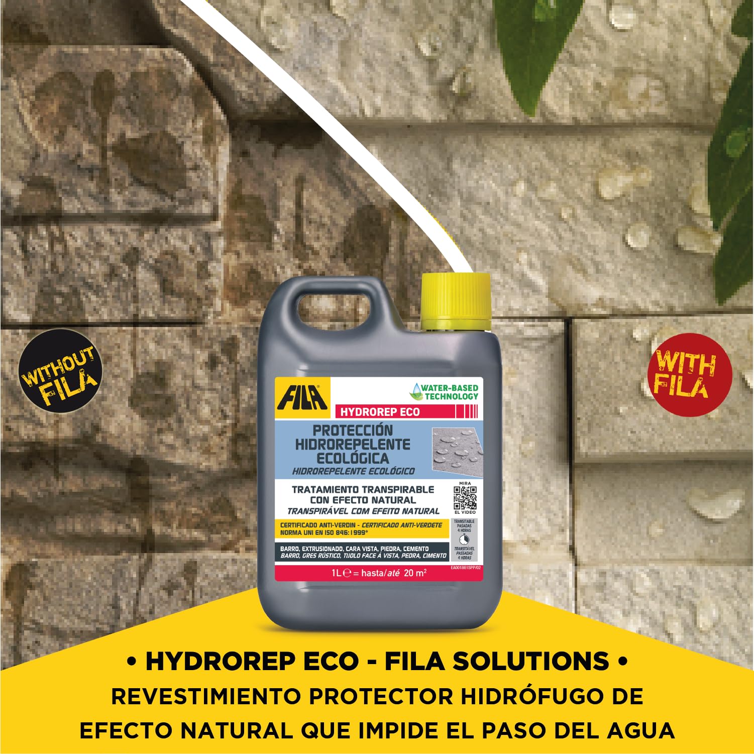 Hydrorep Eco, Hidrorepelente Ecológico Para Barro, Piedra, Gres Extrusionado, Ladrillos Cara Vista, Piedra Artificial, Cemento y Monocapa, 1L